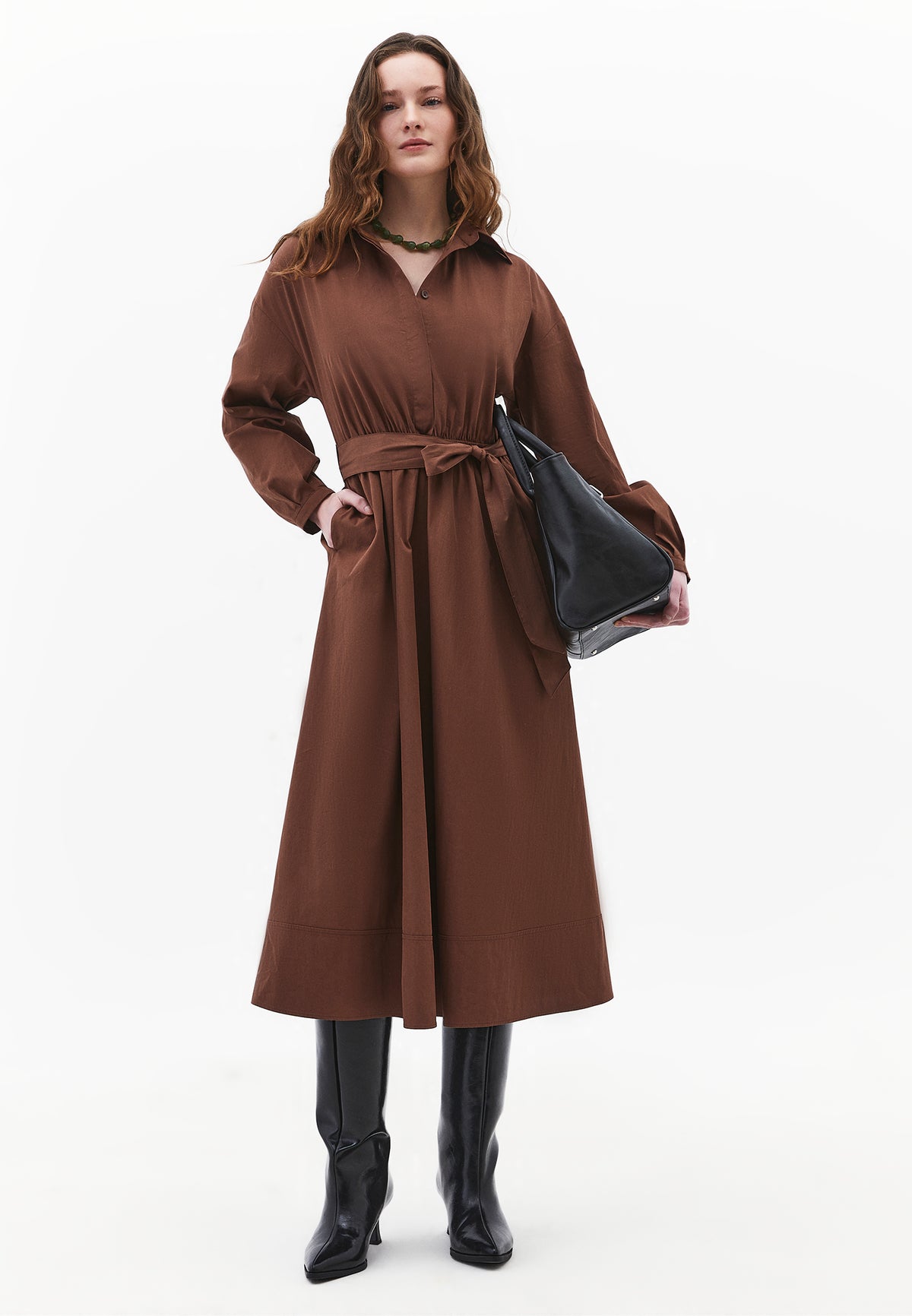 Shirt Collar Belt Detailed Long Dress - Brown