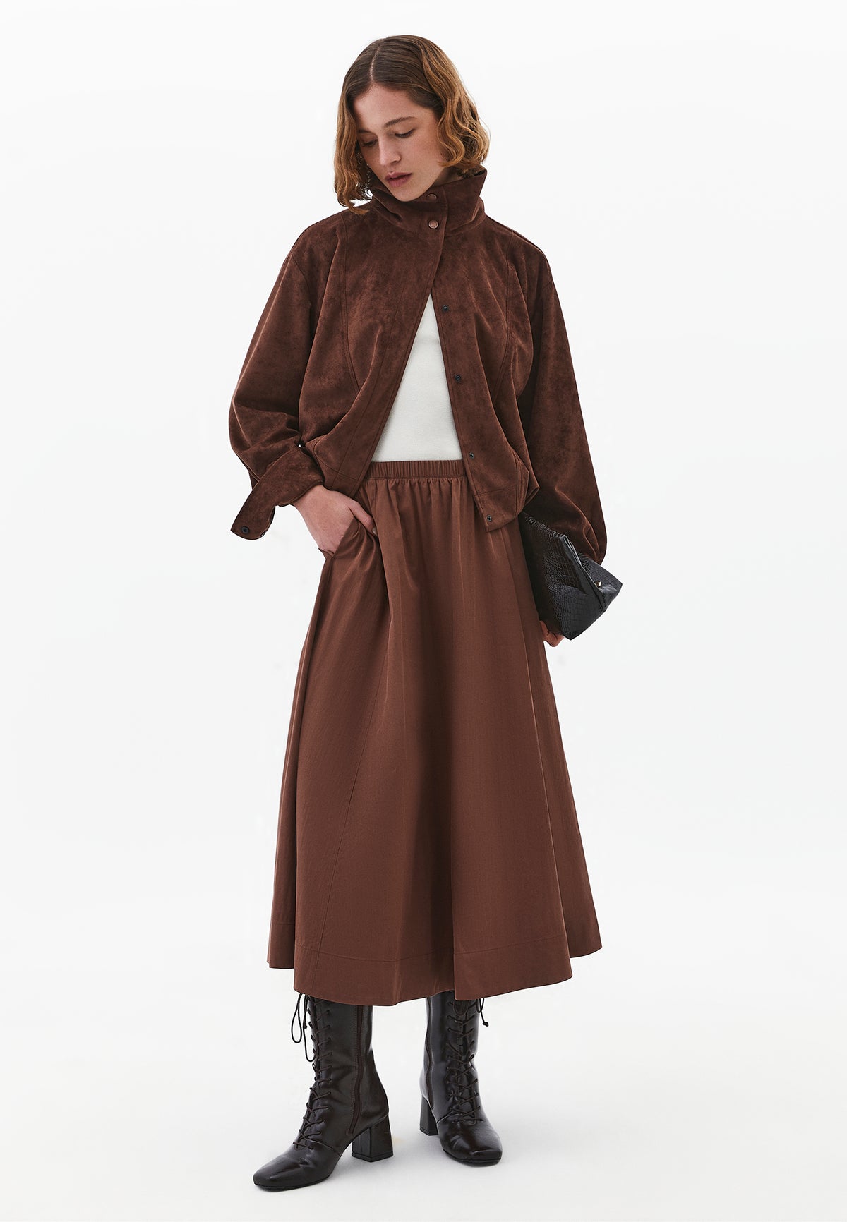 High Waist Flared Skirt - Brown