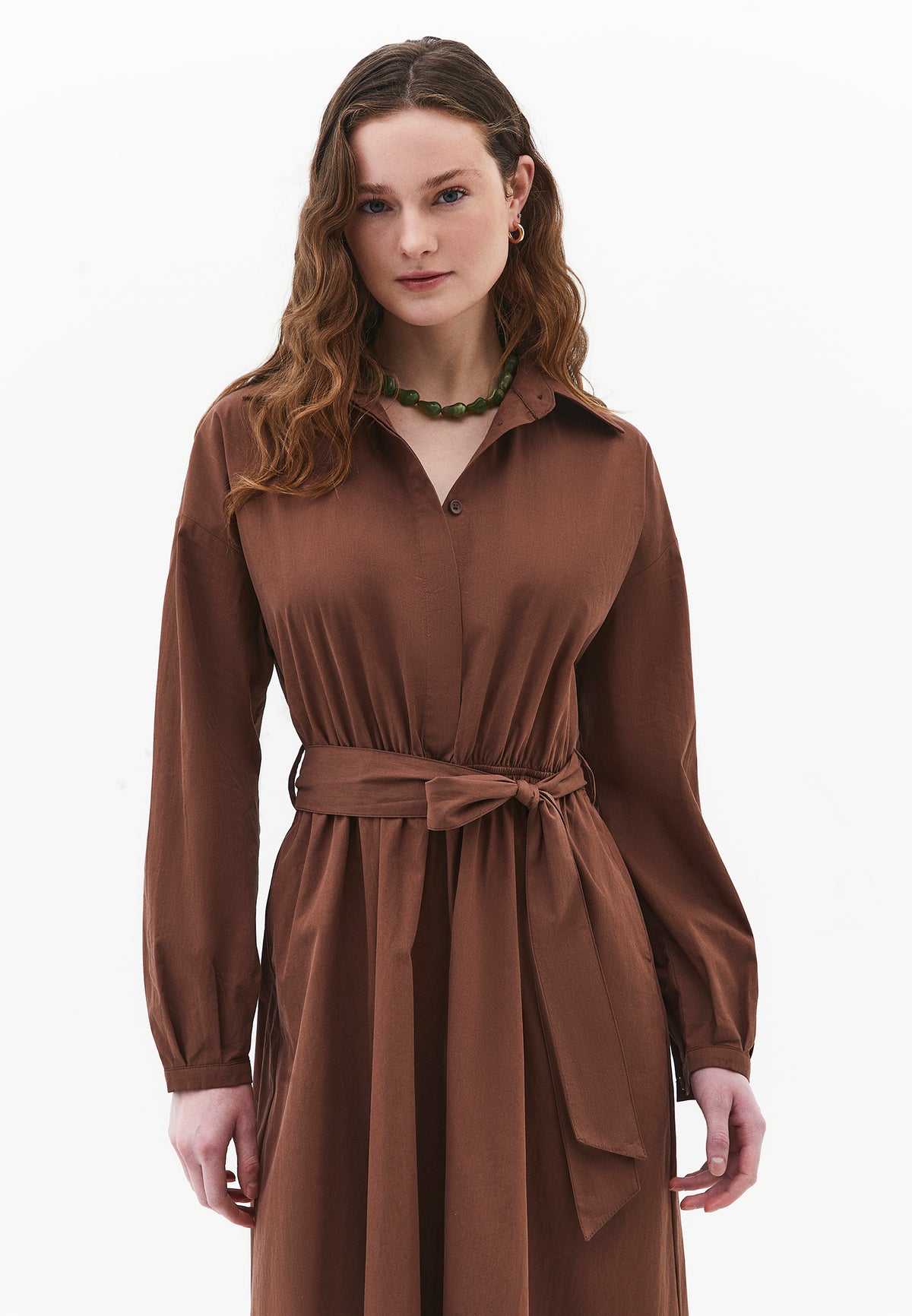 Shirt Collar Belt Detailed Long Dress - Brown