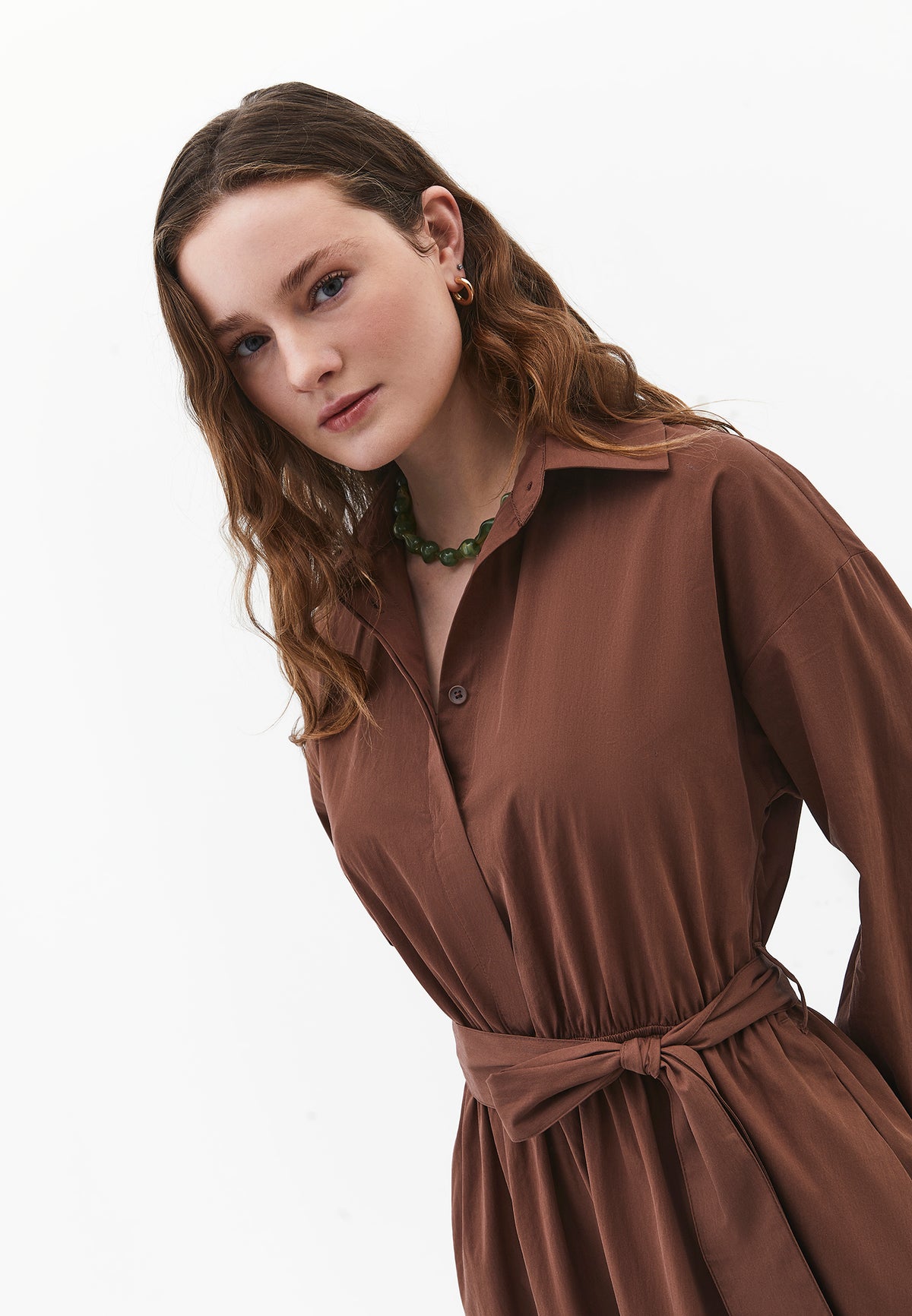 Shirt Collar Belt Detailed Long Dress - Brown