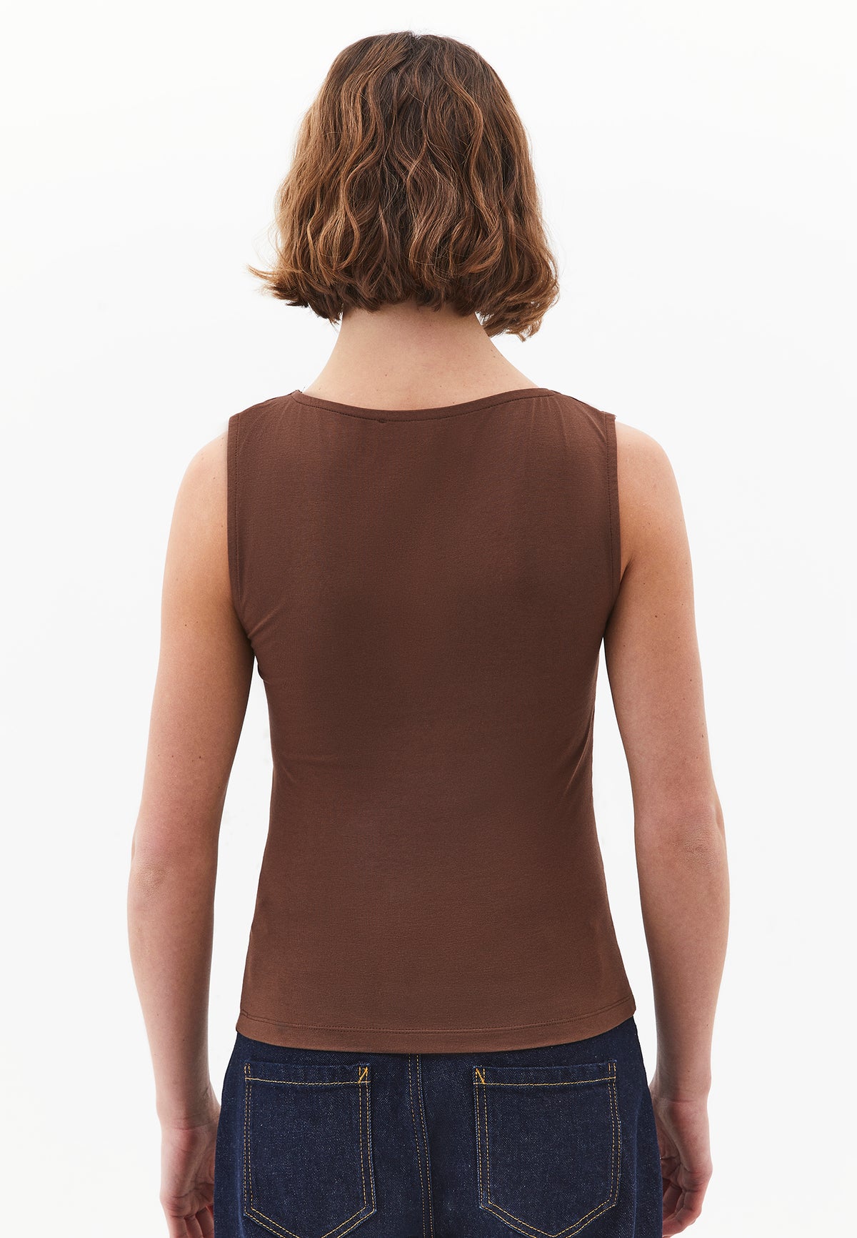 Boat Neck Bodycon Tank Top - Brown