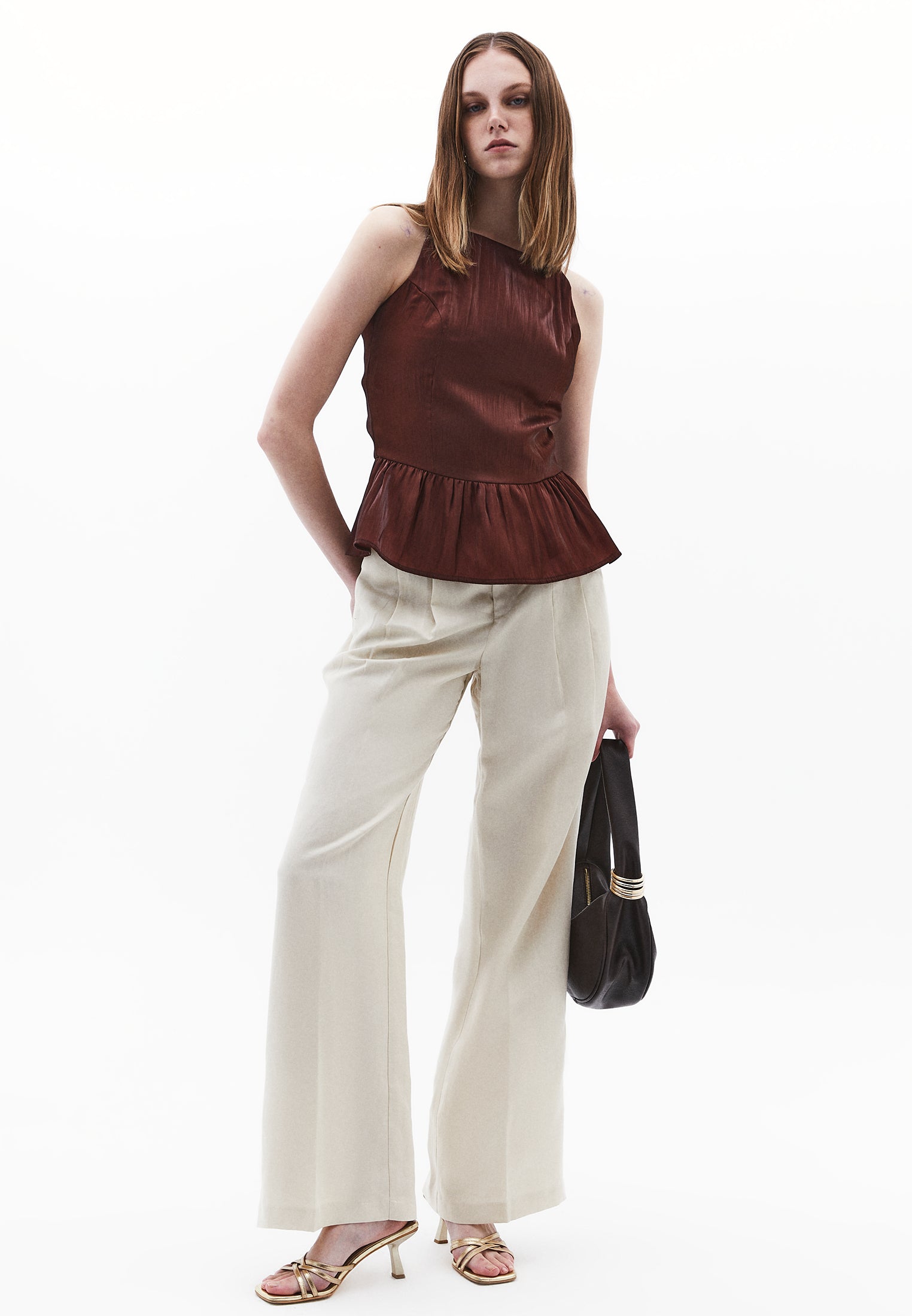 Sleeveless Frilled Boat Neck Tank Top - FRENCH ROAST