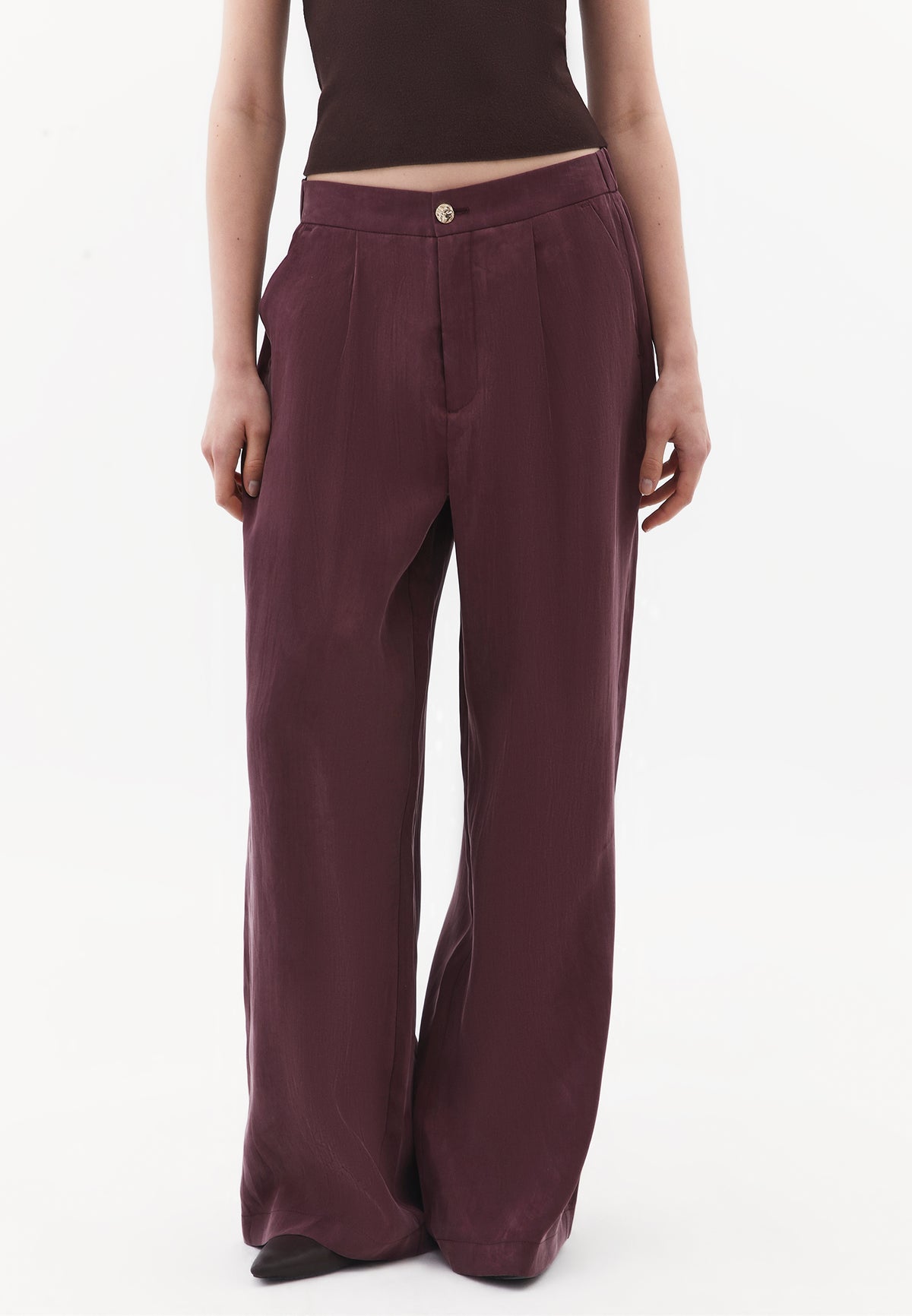 Wide Leg High Waist Buttoned Pants - Burgundy