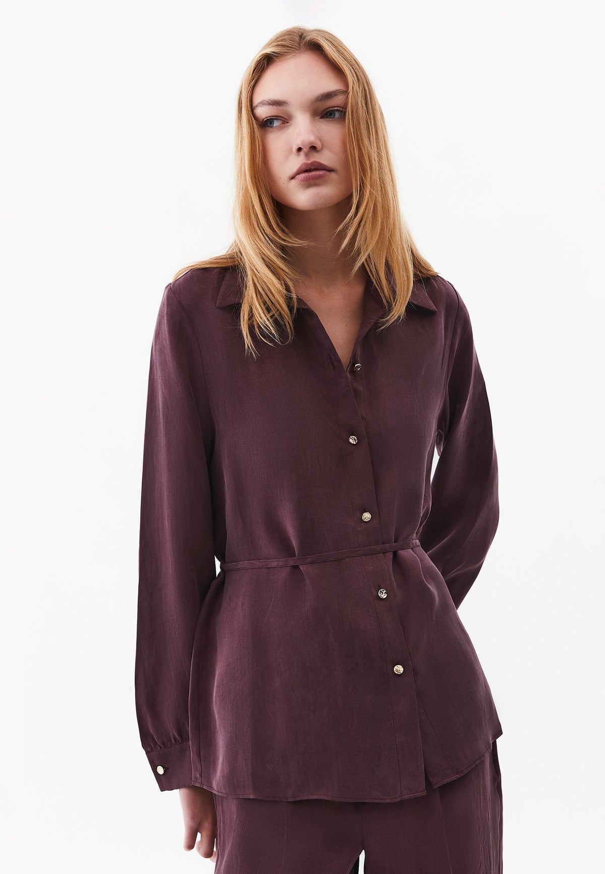 Shirt Collar Long Sleeve Shirt with Belt and Button Detail - Burgundy