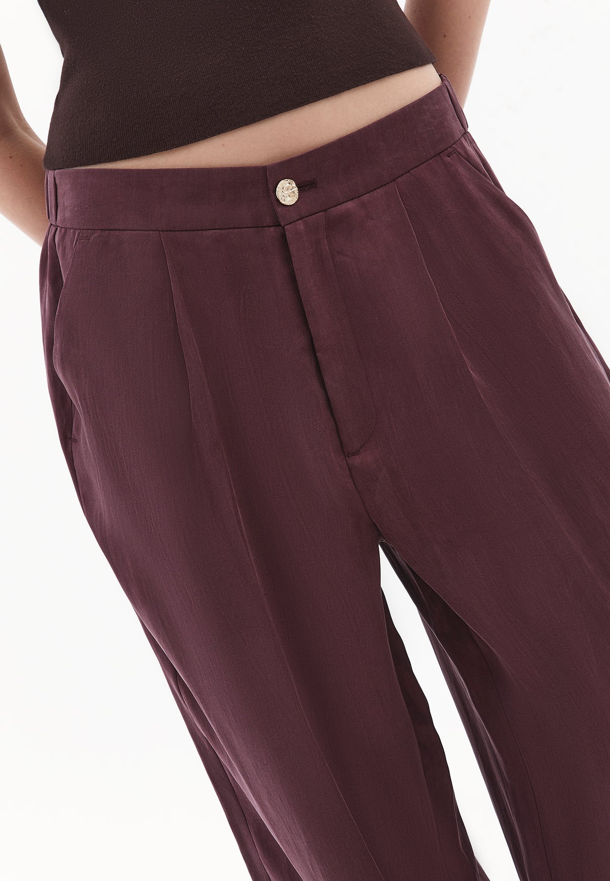 Wide Leg High Waist Buttoned Pants - Burgundy