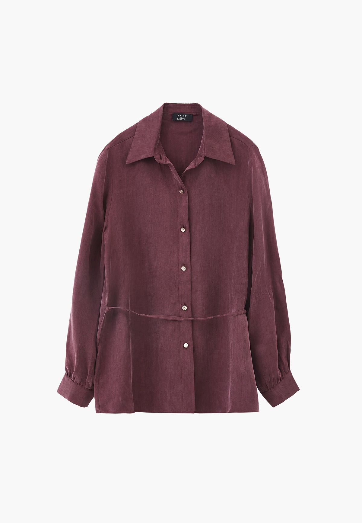 Shirt Collar Long Sleeve Shirt with Belt and Button Detail - Burgundy