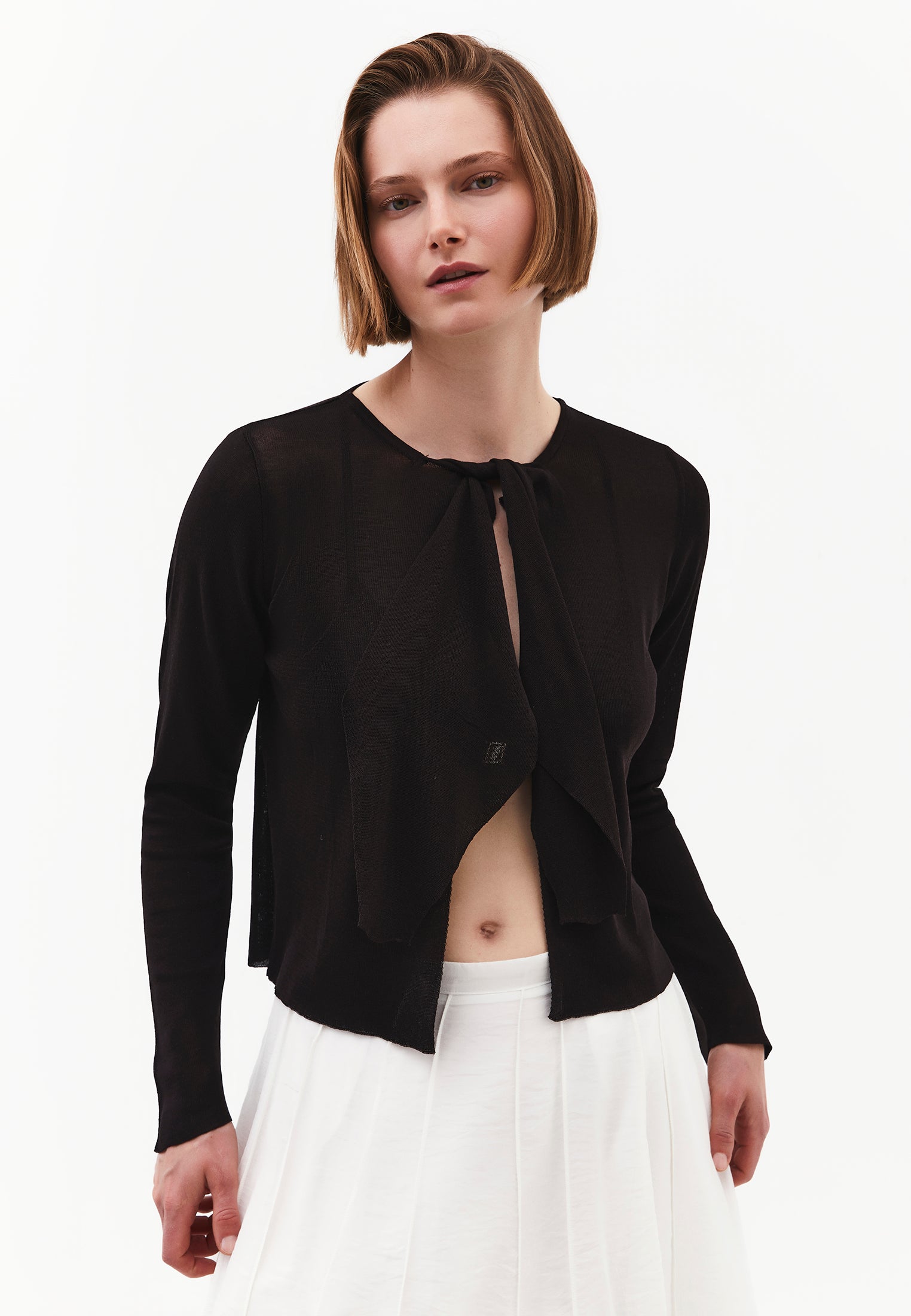 Tie Neckline Cardigan With Crew Neck - GANACHE