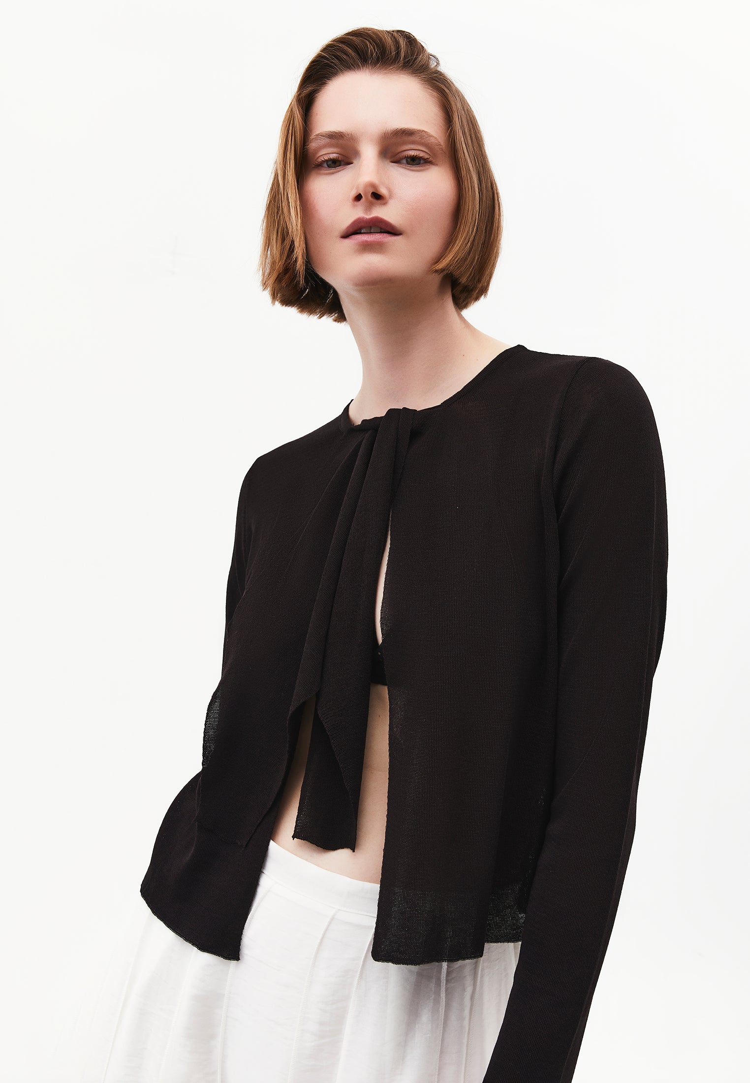 Tie Neckline Cardigan With Crew Neck - GANACHE