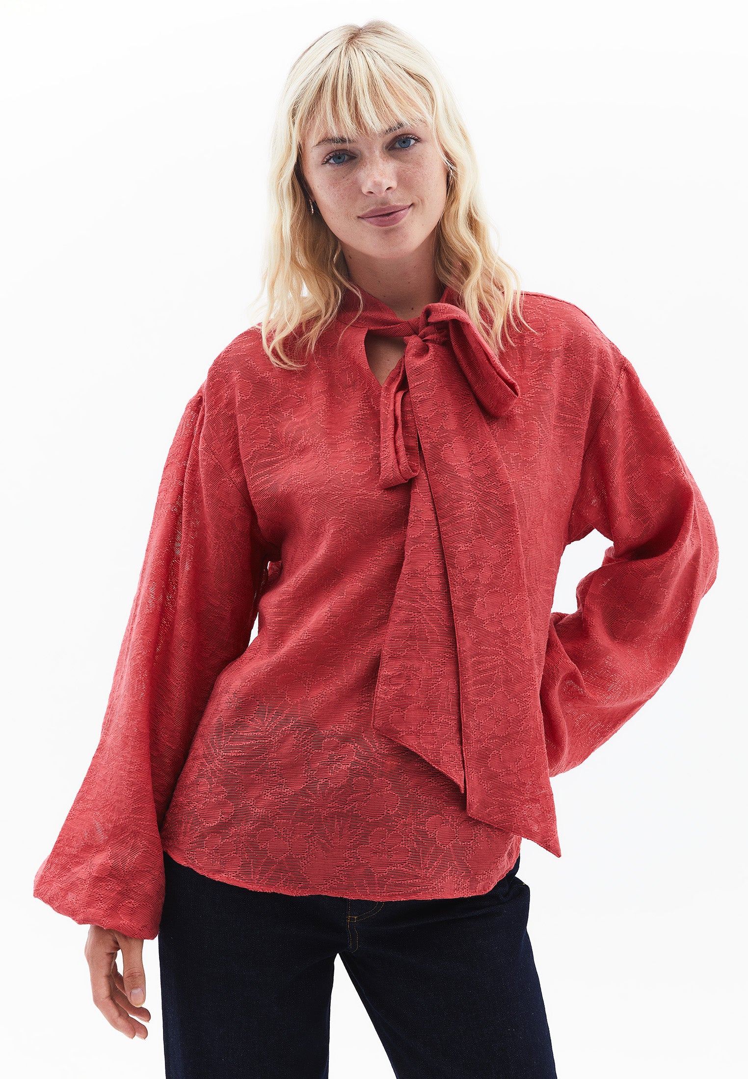 High Neck Balloon Sleeve Tie Blouse - GARNET ROSE