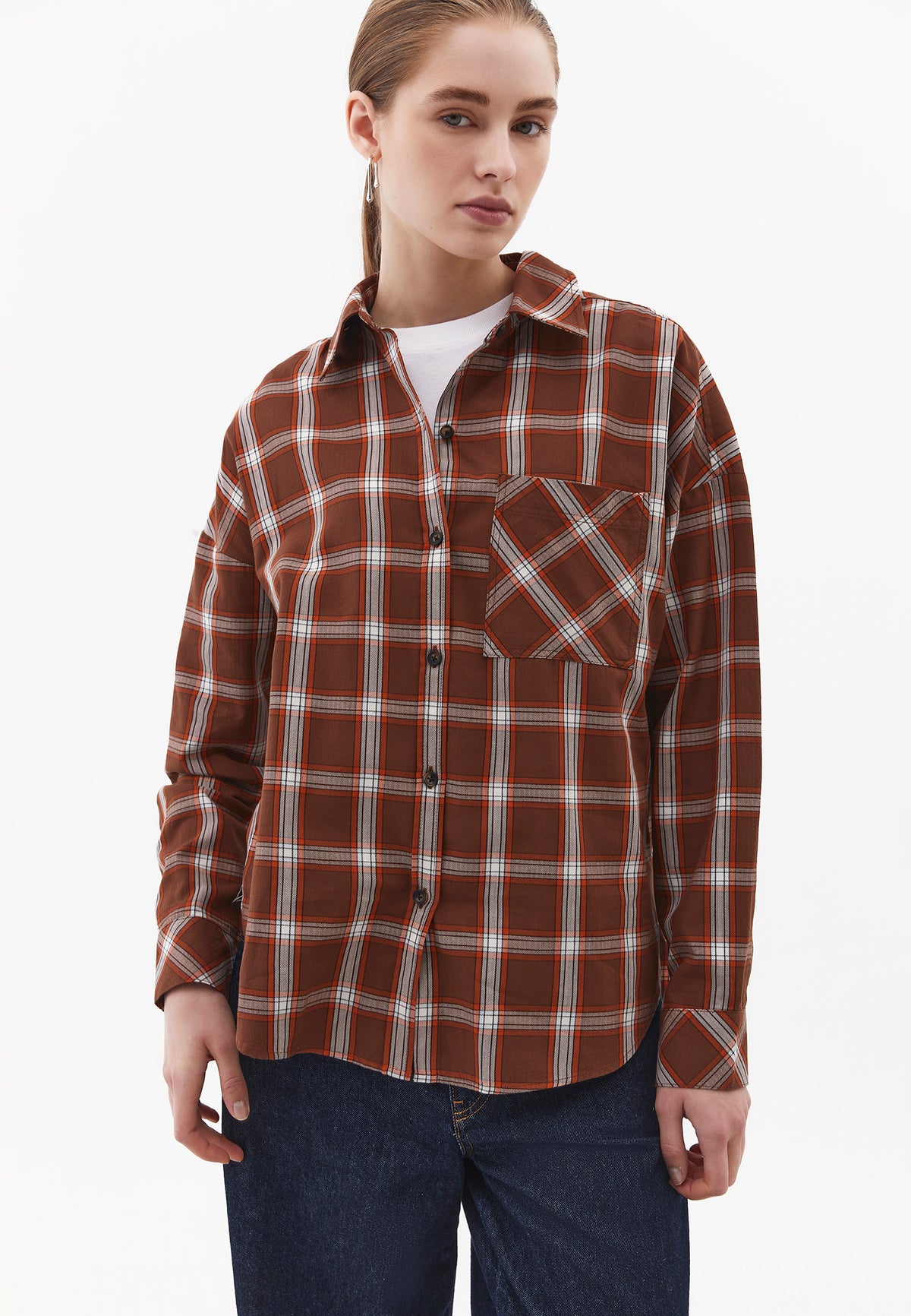 Oversized Long Sleeve Shirt with Pocket Detail - GOLD FLAME CHECK