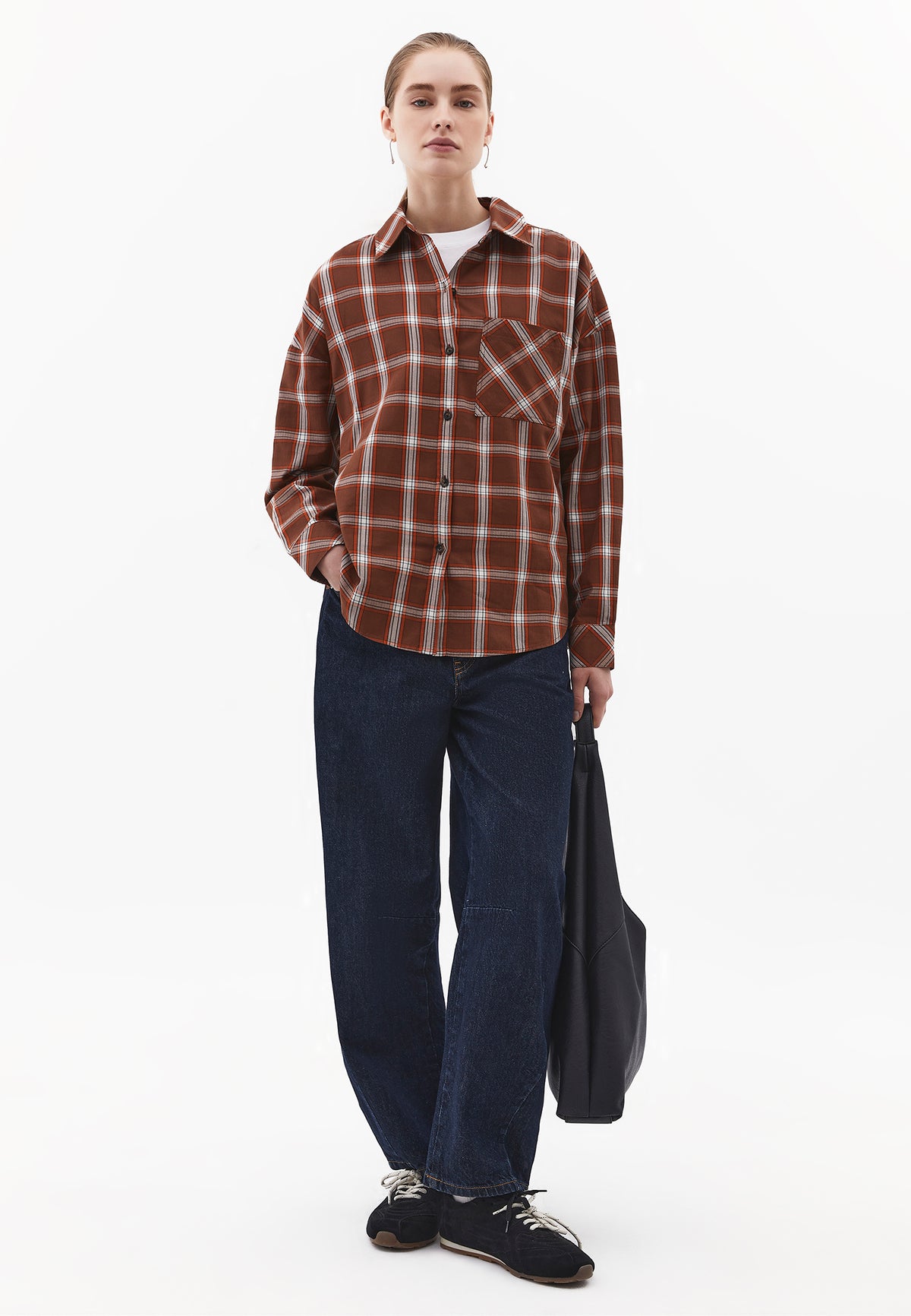 Oversized Long Sleeve Shirt with Pocket Detail - GOLD FLAME CHECK