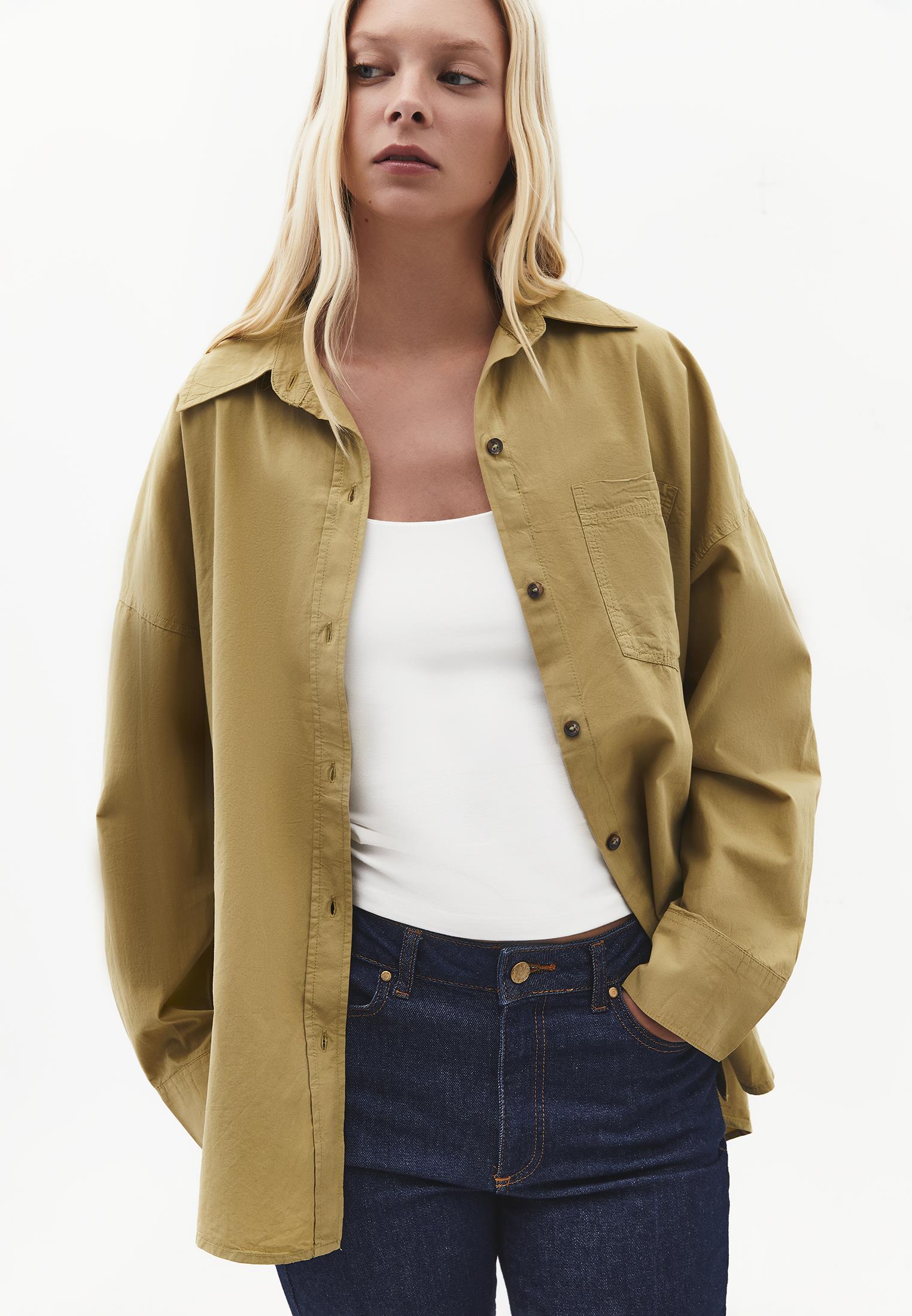 Oversized Long-Sleeve Shirt with Pocket Detail - GRAY GREEN