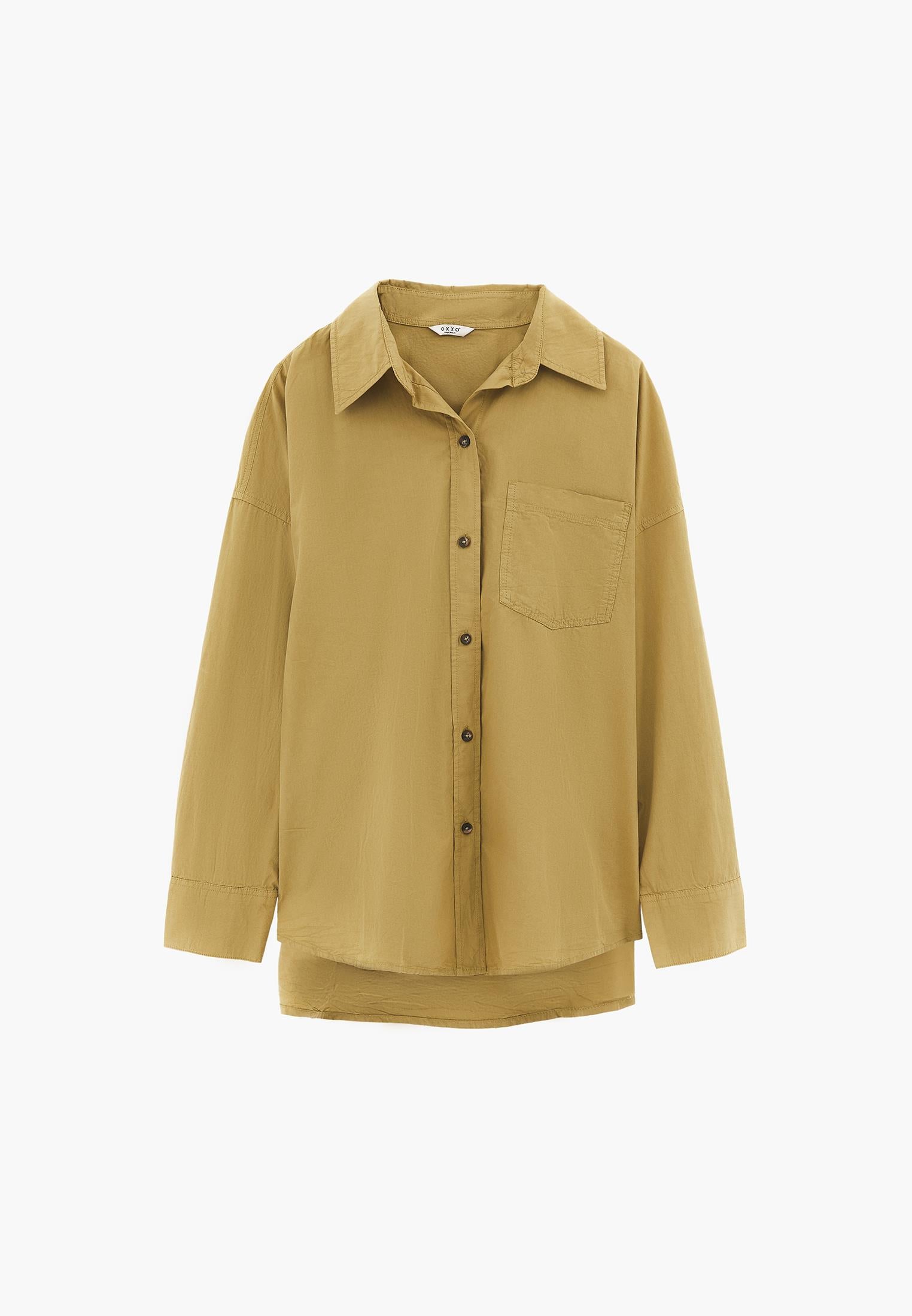 Oversized Long-Sleeve Shirt with Pocket Detail - GRAY GREEN