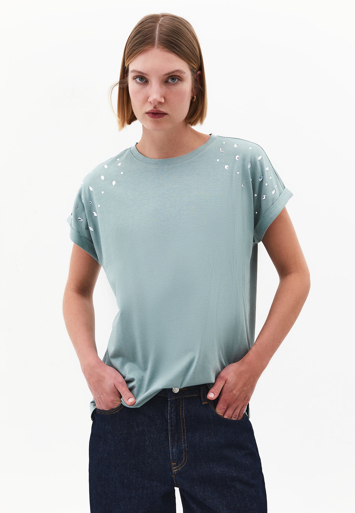 Rivet Detailed Boat Neck Short Sleeve T-Shirt - GREEN MILIEU