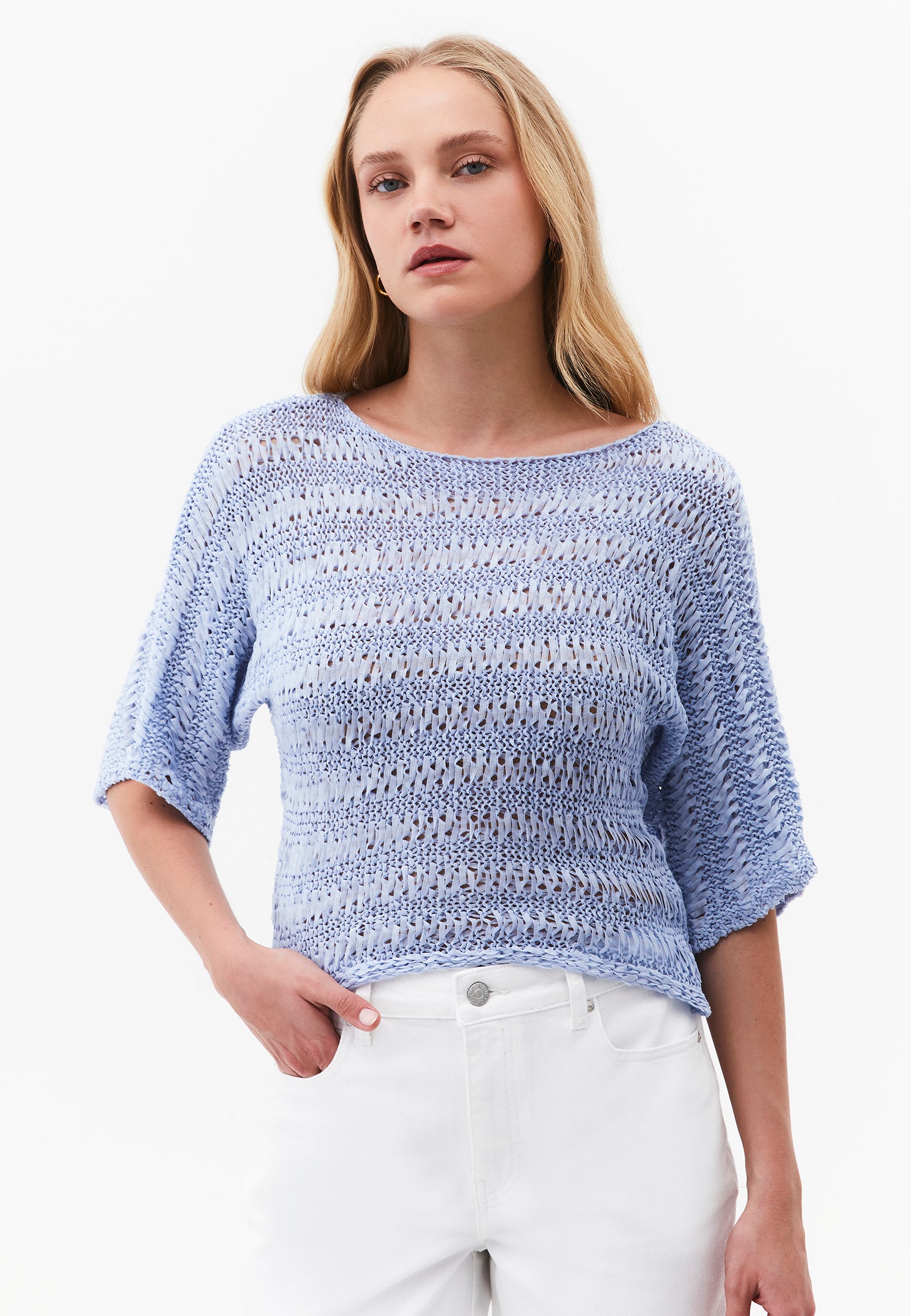 Openwork Batwing Sleeve Boat Neck Cropped Blouse - HALOGEN BLUE