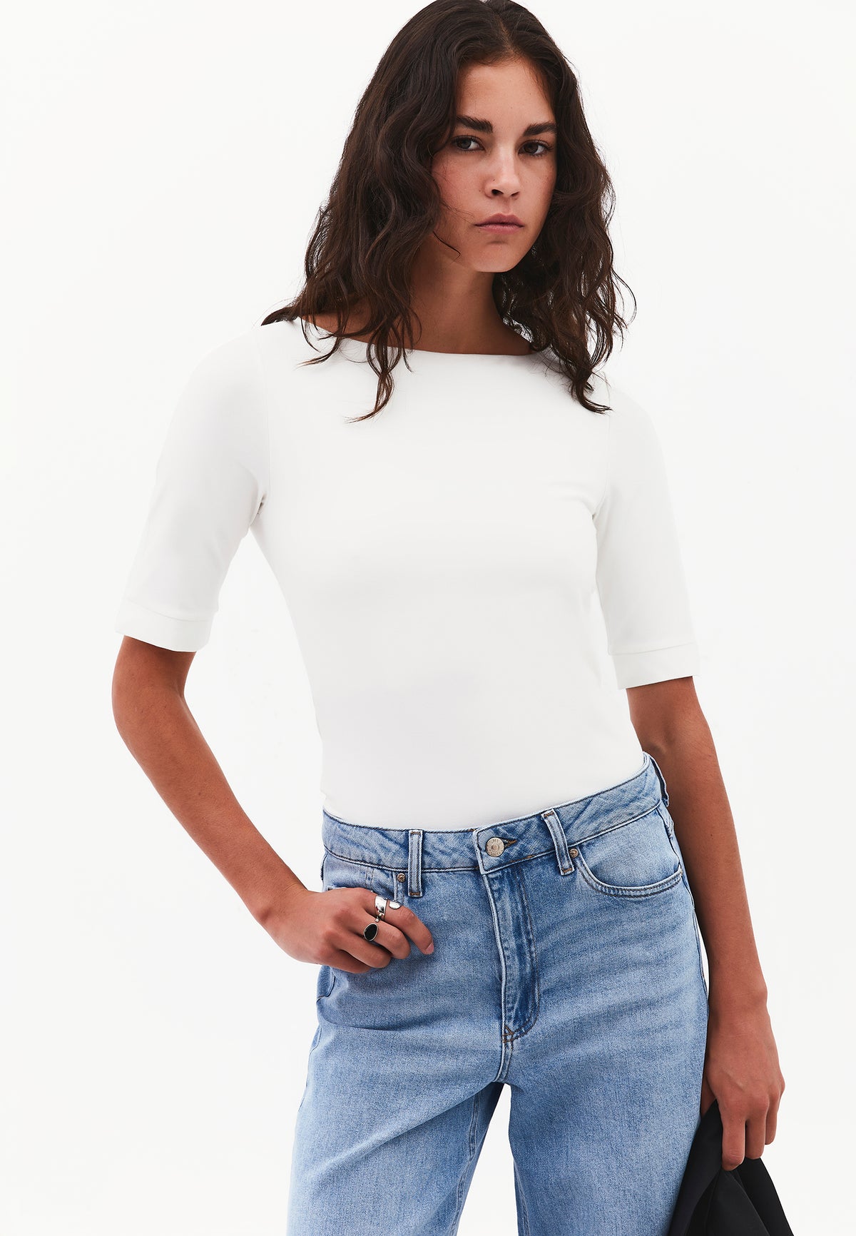 Boat Neck Half Sleeve Bodycon T-Shirt - Cream