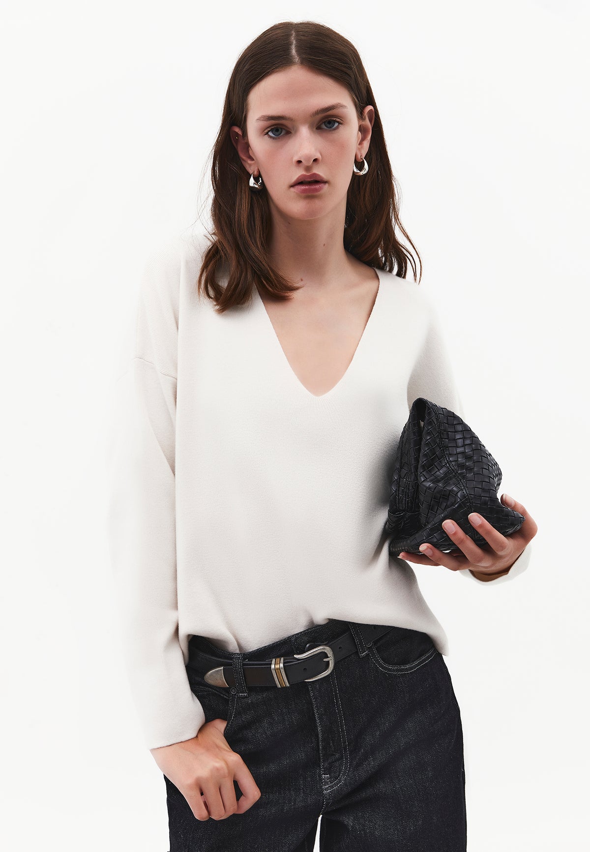 V Neck Long Sleeve Sweater - ICE MILK