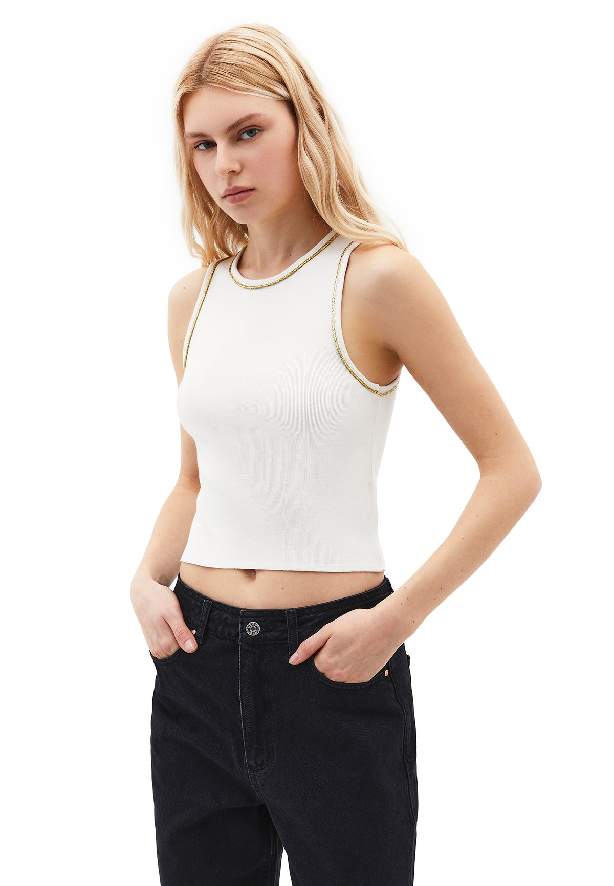 Glittery Crew Neck Sleeveless Tank Top - Cream
