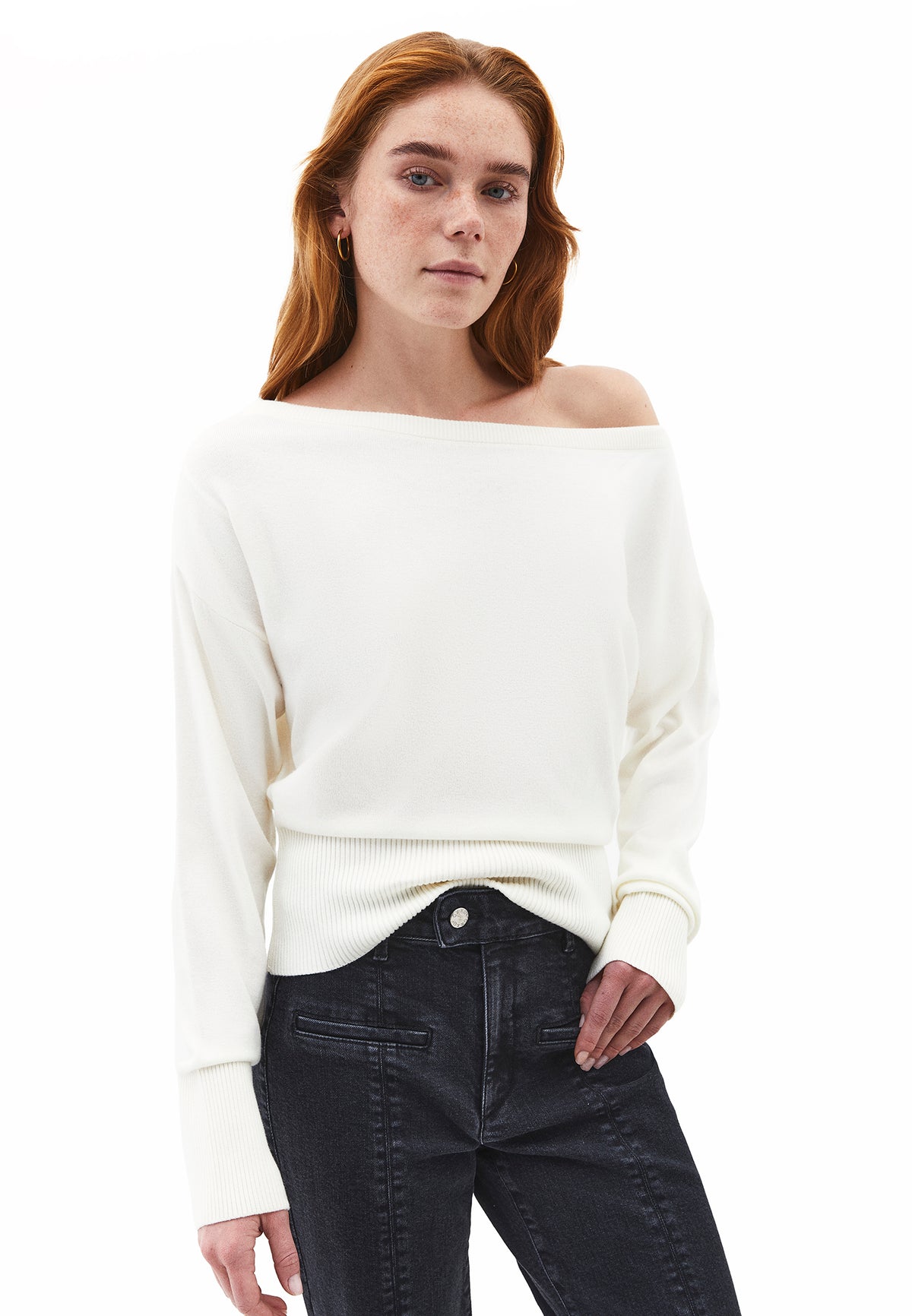 Boat Neck Long Sleeve Sweater - Cream