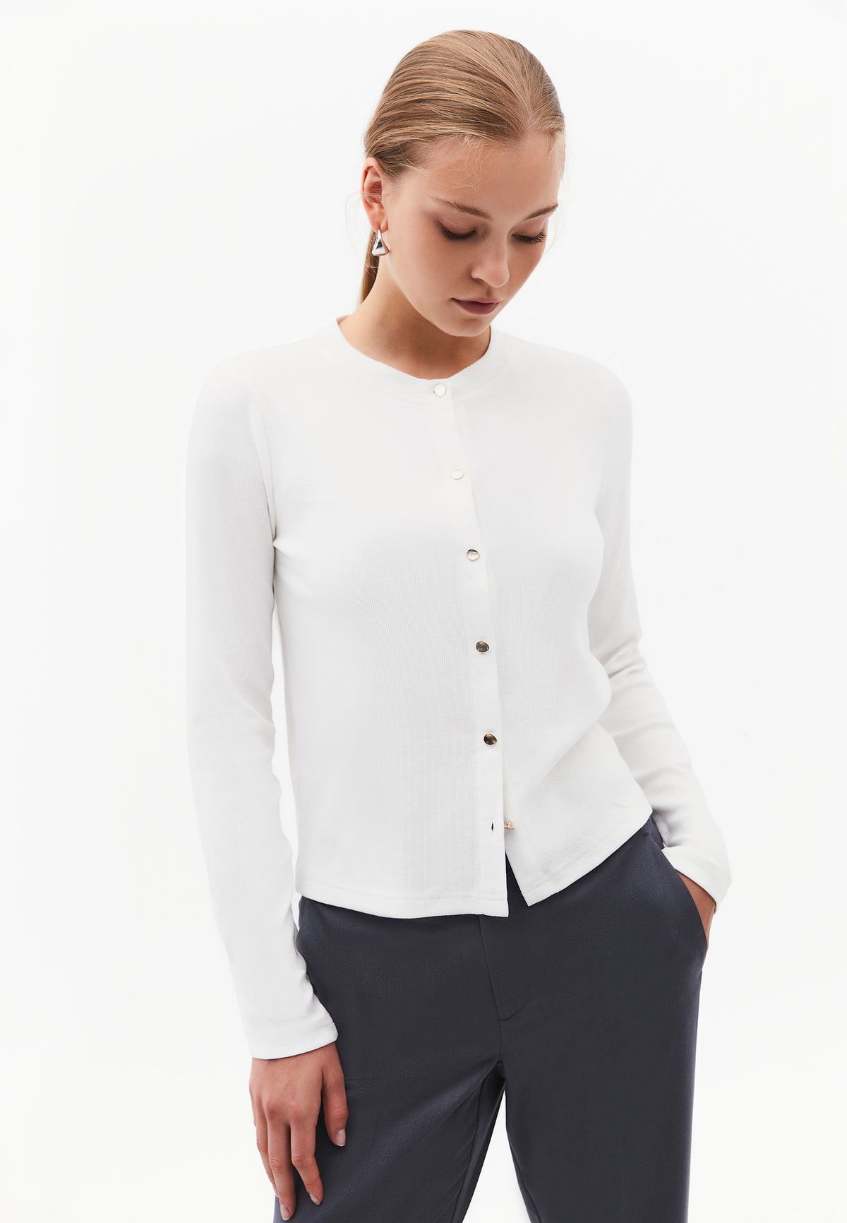 Buttoned Crew Neck Cardigan - ICE MILK