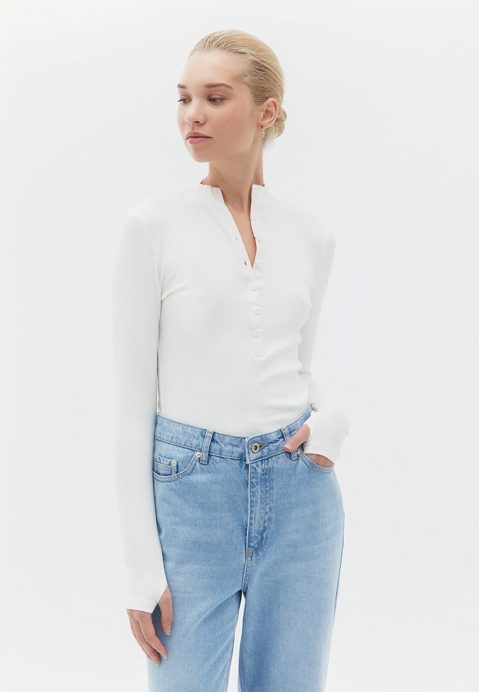 High neck button detailed t-shirt - ICE MILK