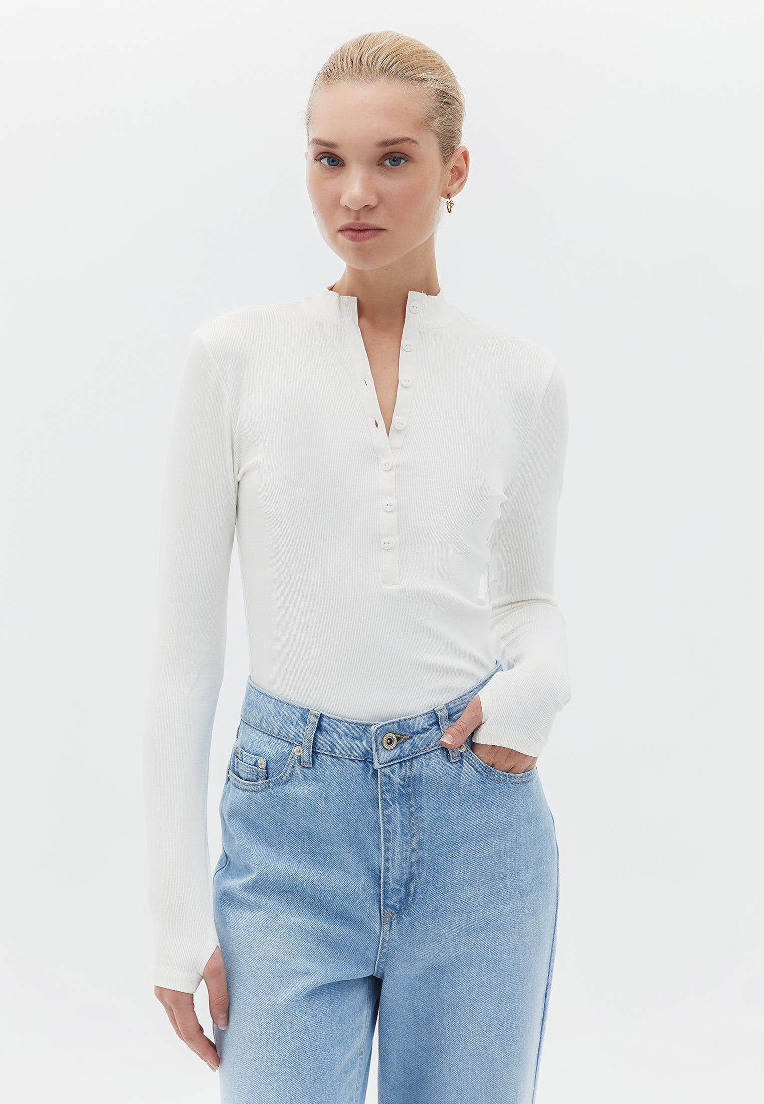 High neck button detailed t-shirt - ICE MILK