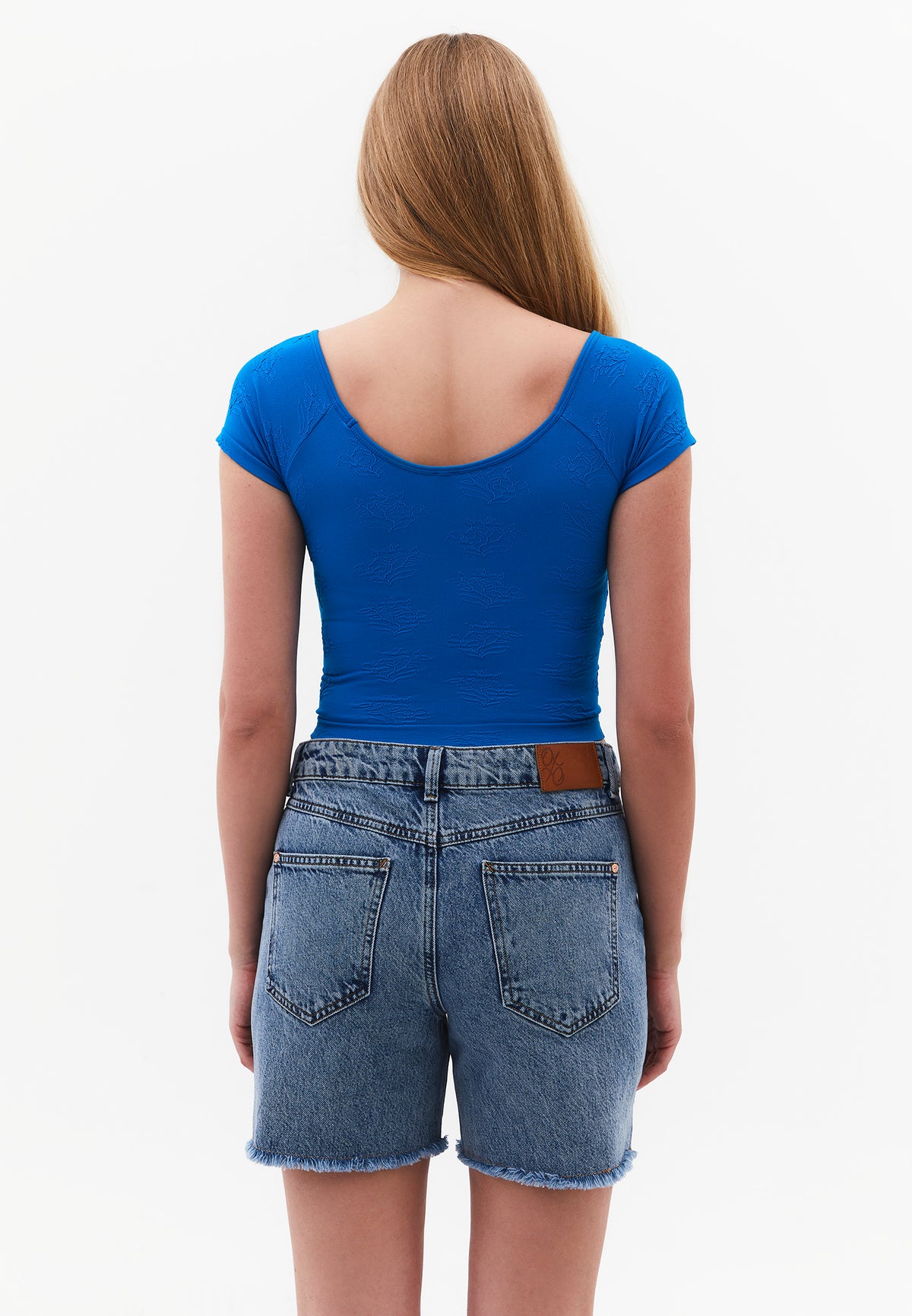 Wide Neck Short Sleeve Bodycon T-Shirt - INDIGO BUNTING