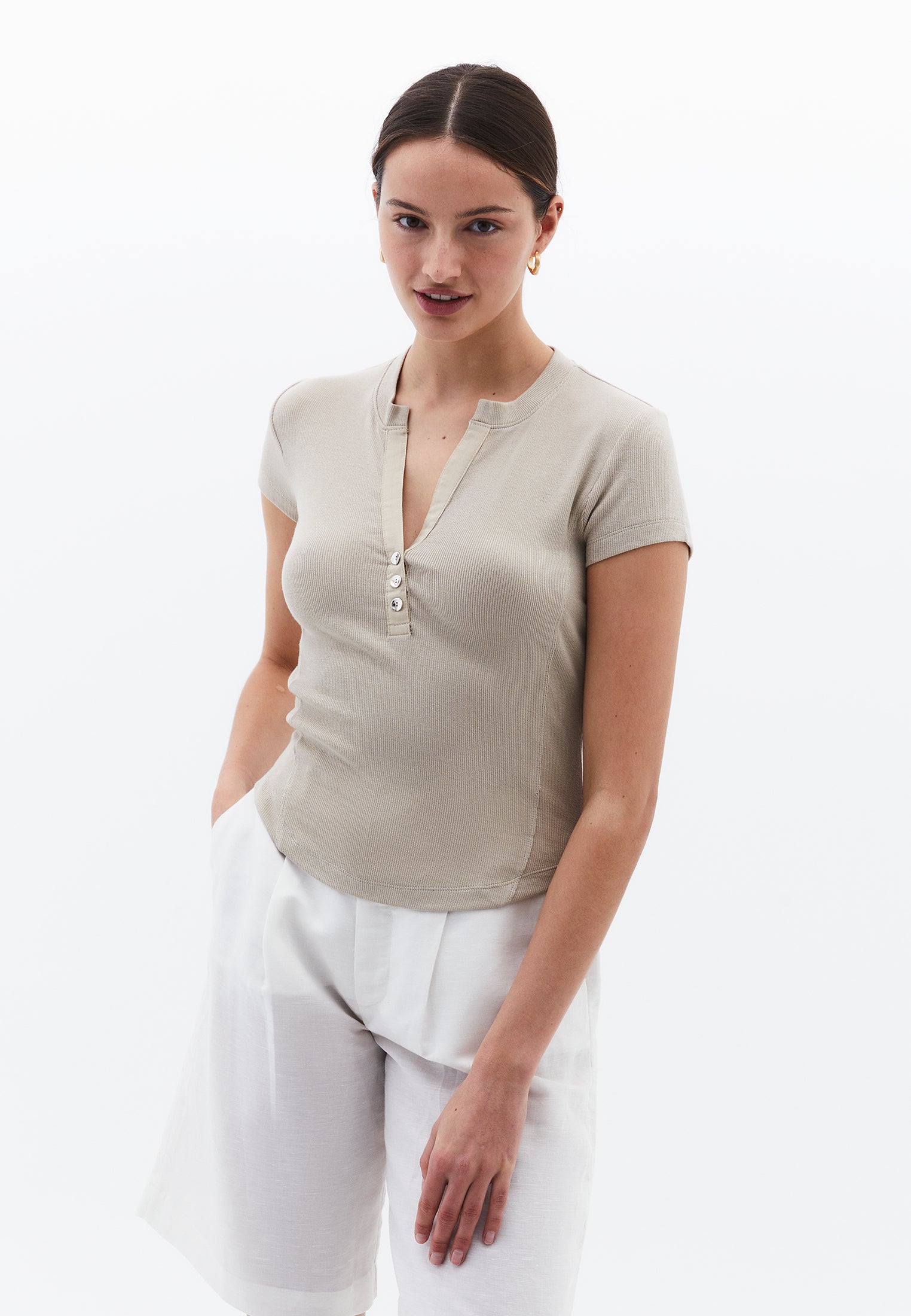 Button Detailed T-Shirt - ISLAND FOSSIL