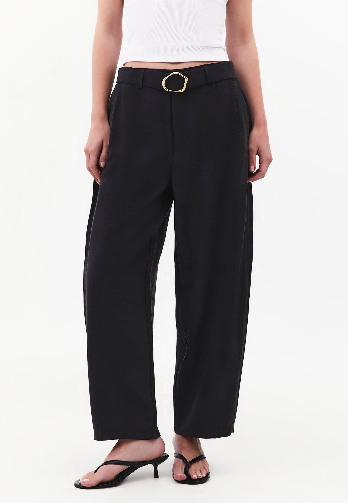 High Waist Barrel Leg Trousers with Belt Detail - JET BLACK