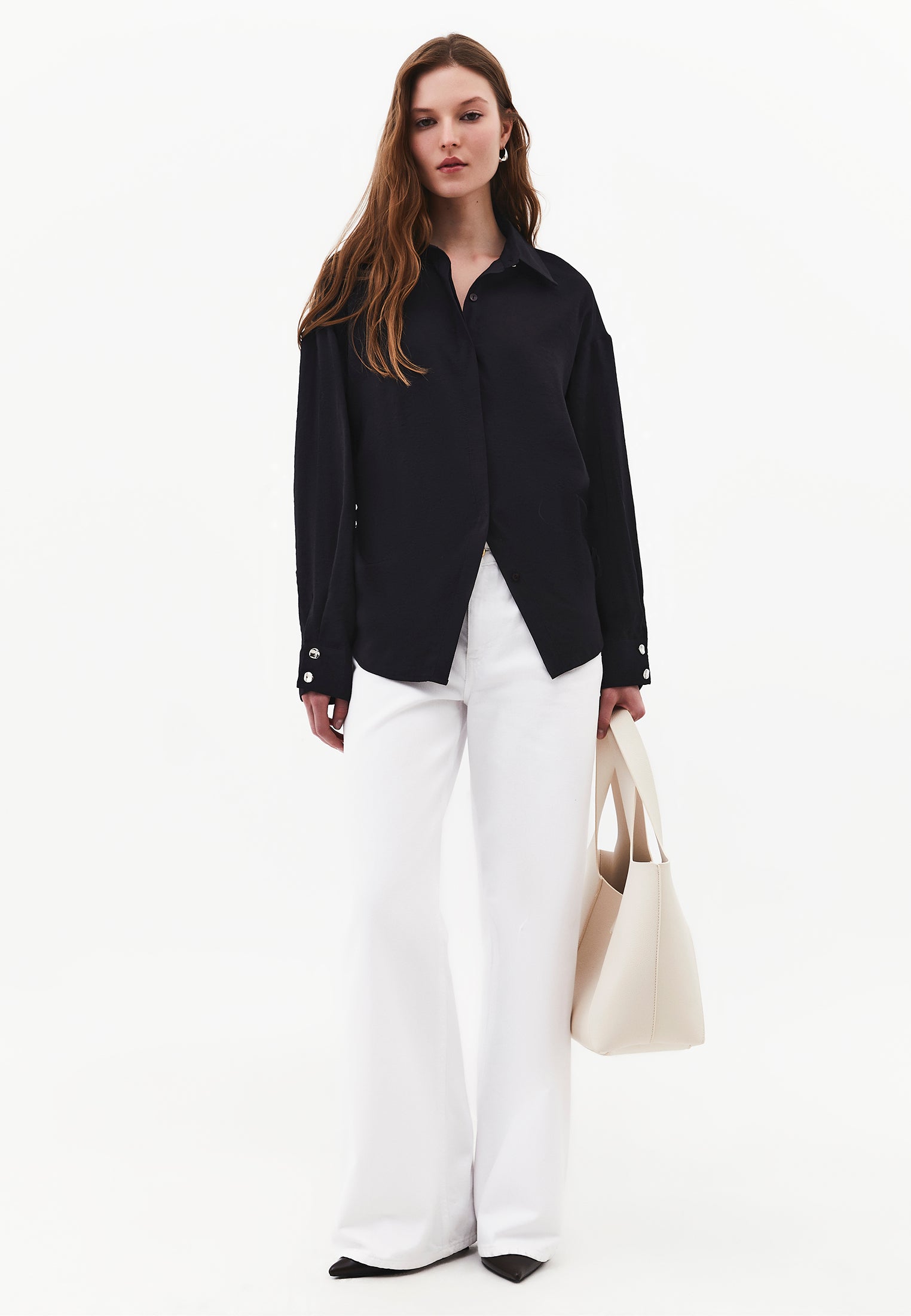 Oversize Long Sleeve Shirt with Ruching and Buttons - JET BLACK