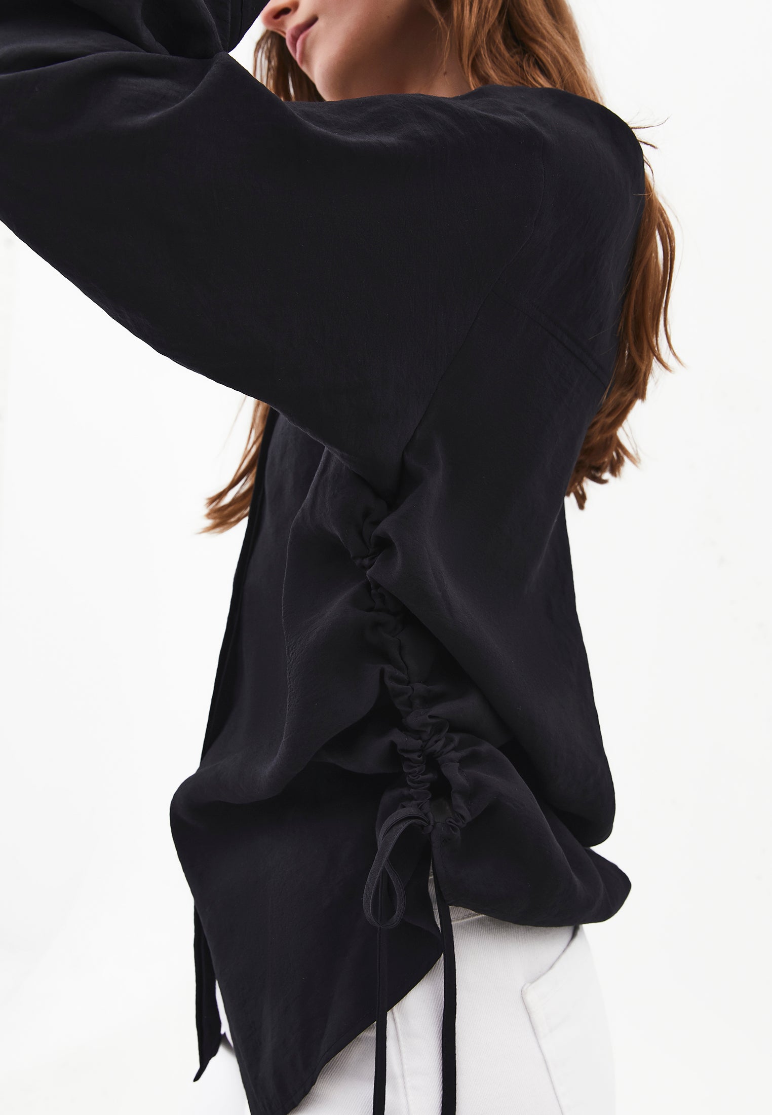 Oversize Long Sleeve Shirt with Ruching and Buttons - JET BLACK