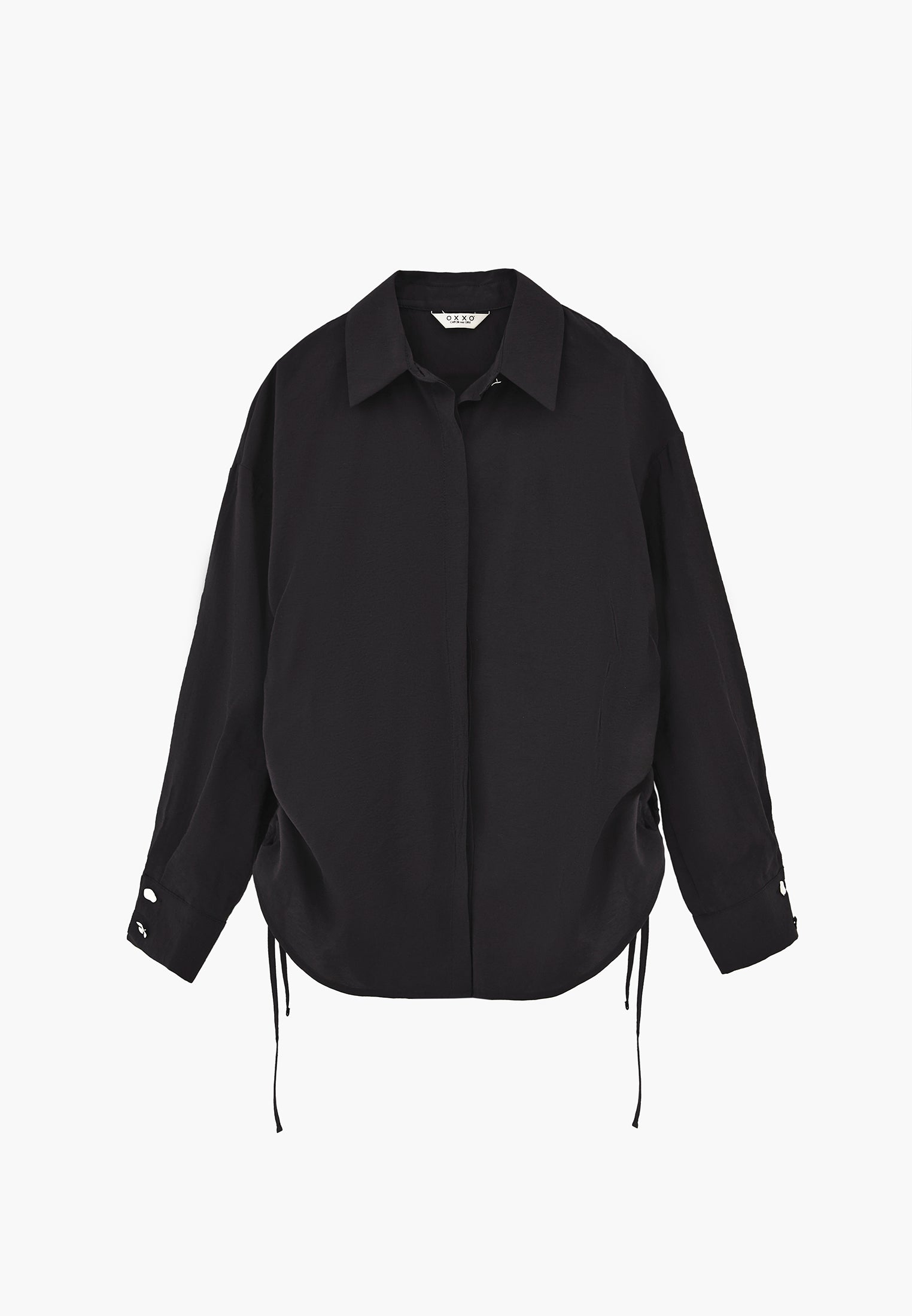 Oversize Long Sleeve Shirt with Ruching and Buttons - JET BLACK
