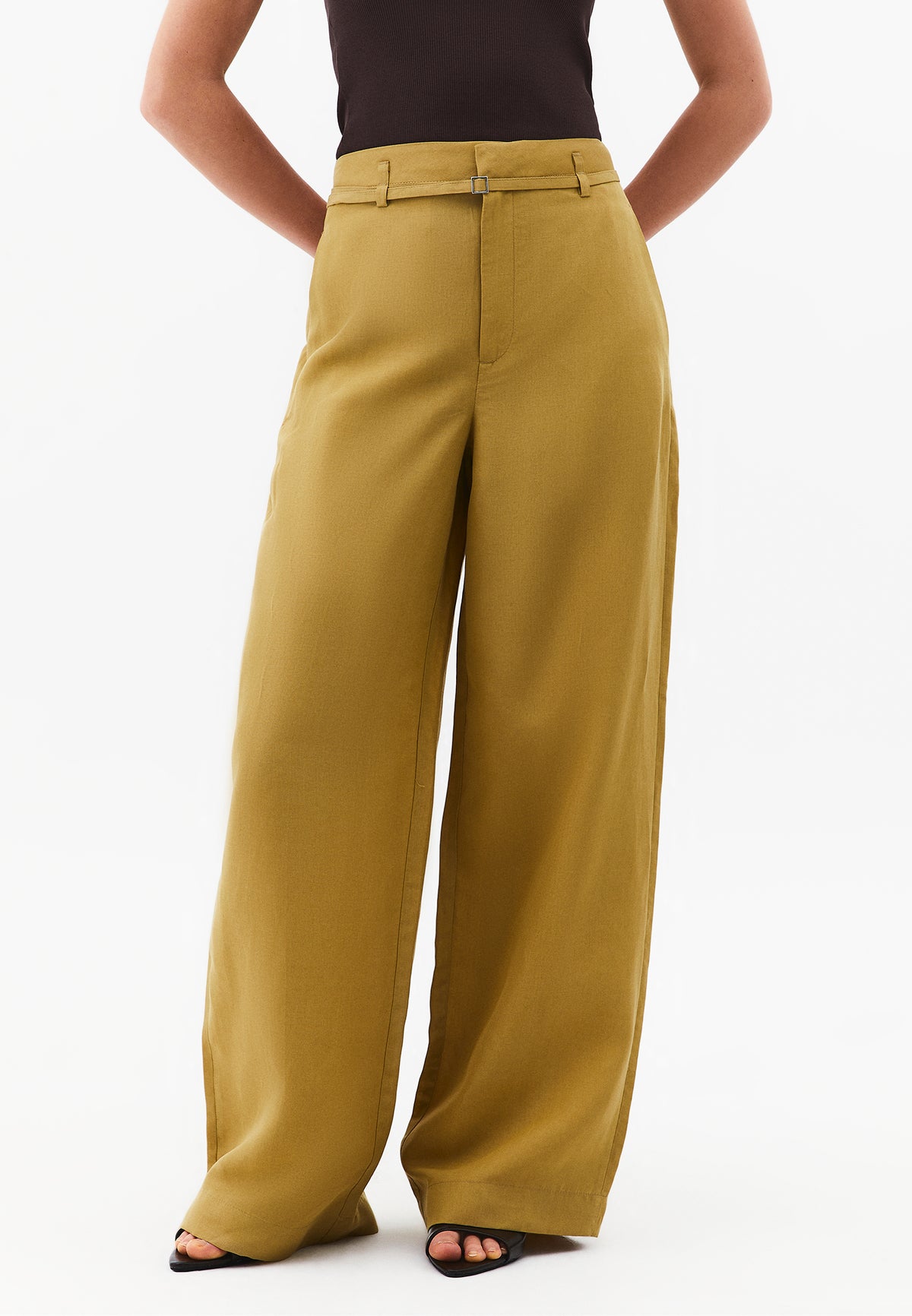 High Waist Belted Straight Leg Trousers - KHAKI