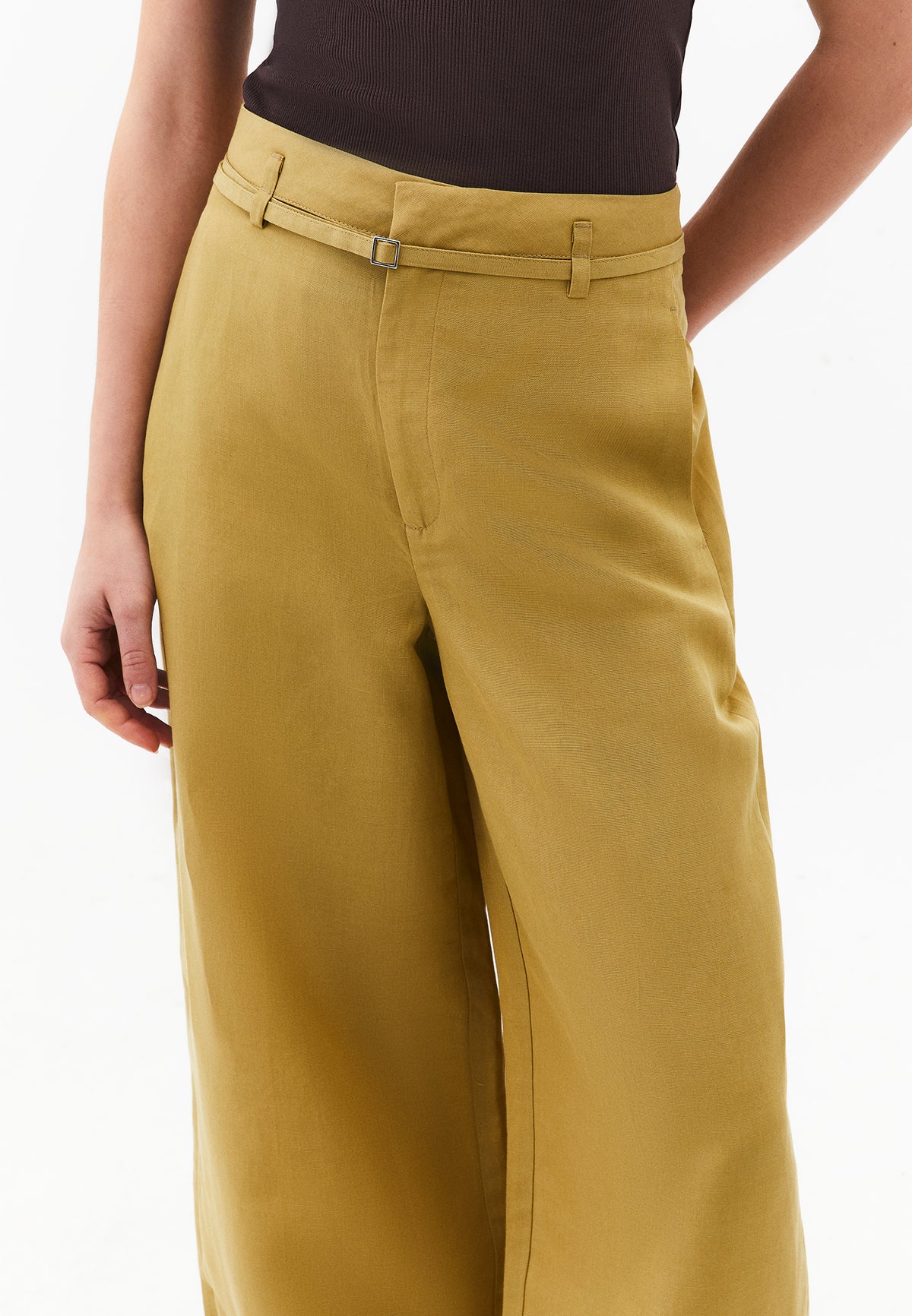 High Waist Belted Straight Leg Trousers - KHAKI