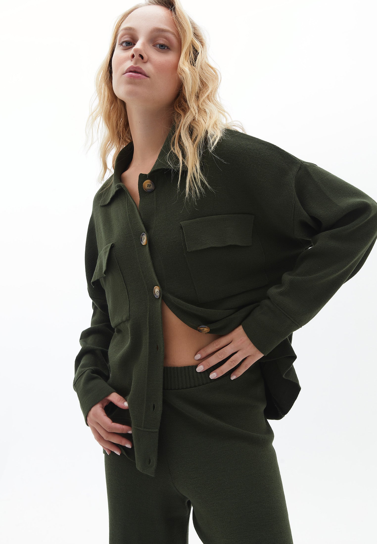 Polo collar jacquard cardigan - KOMBU GREEN