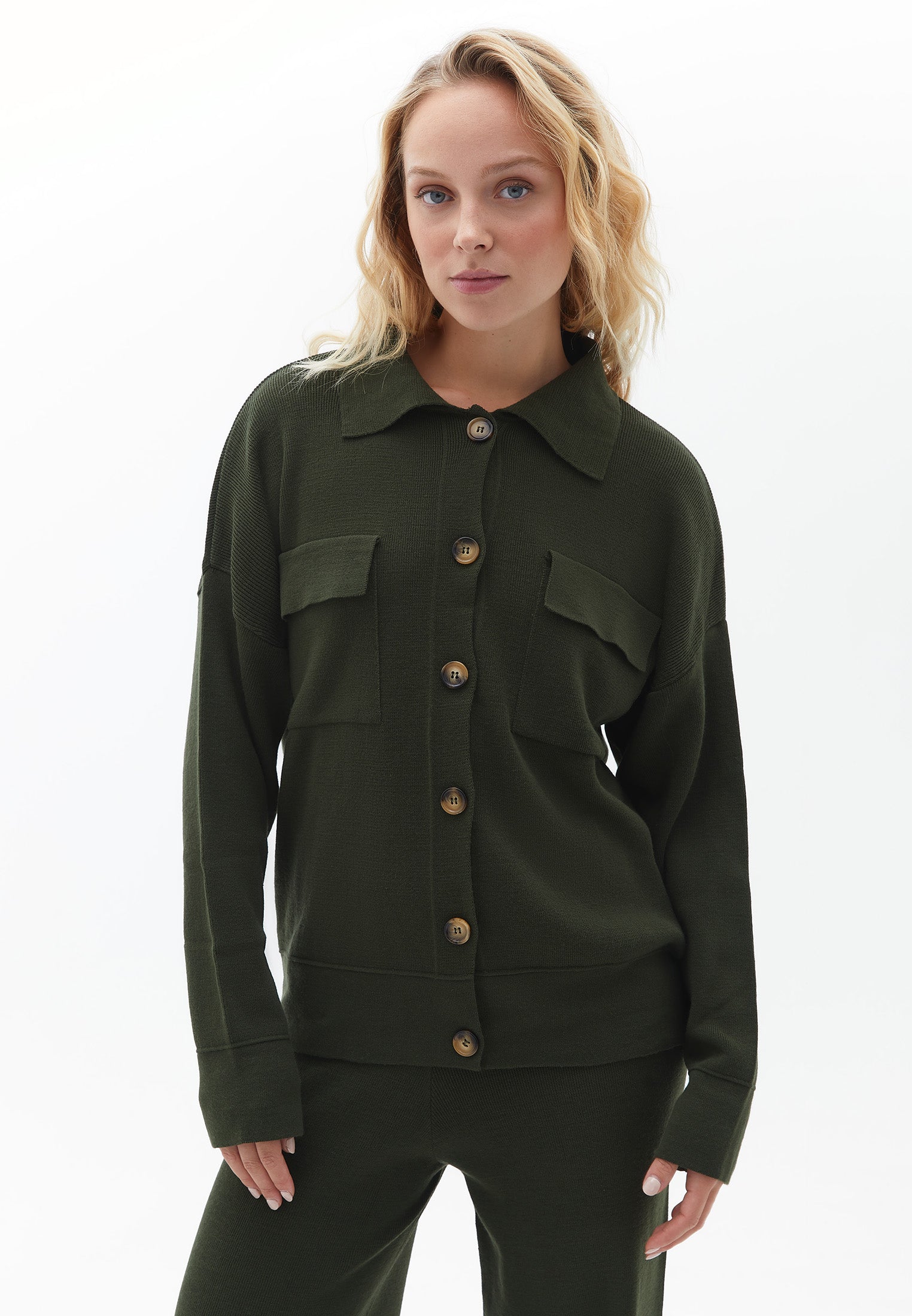 Polo collar jacquard cardigan - KOMBU GREEN