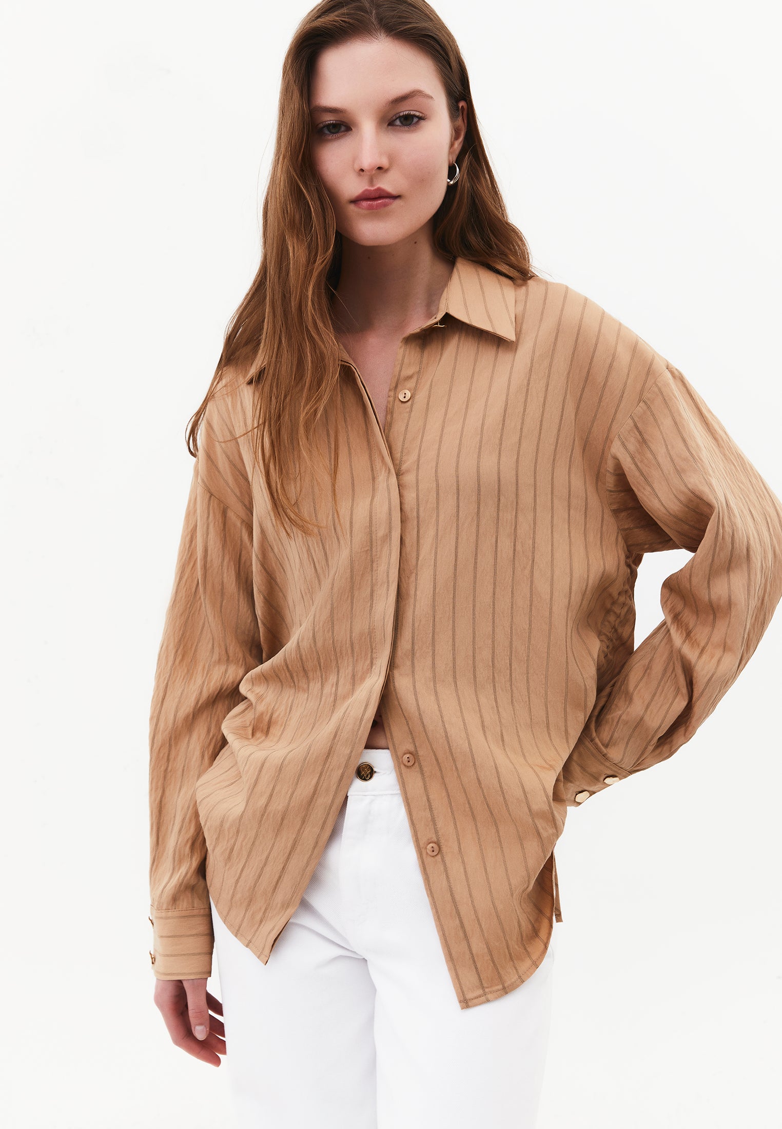 Oversized Long Sleeve Striped Shirt with Button Details - LARK STRIPE