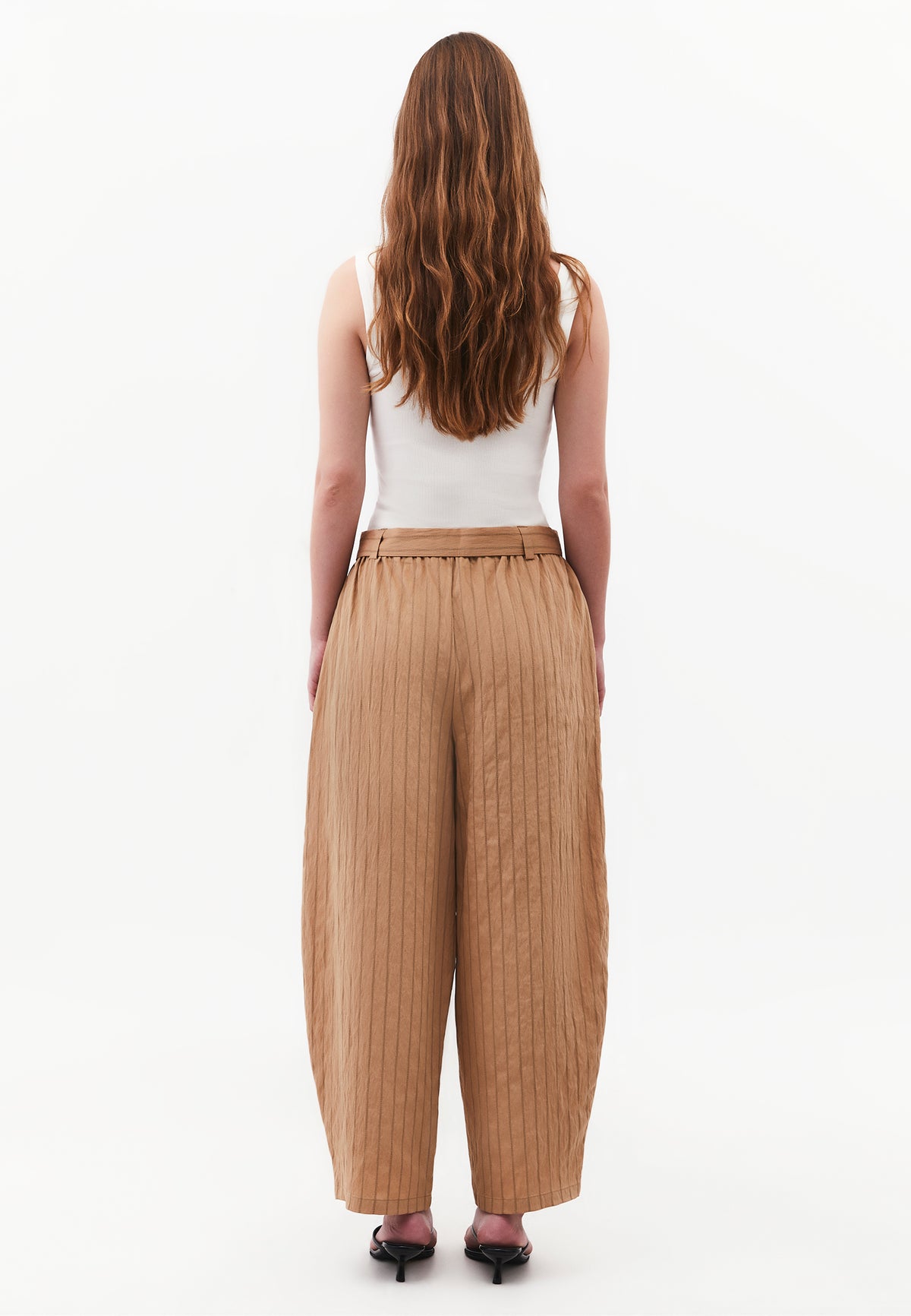 High Waist Belted Striped Barrel Leg Pants - LARK STRIPE