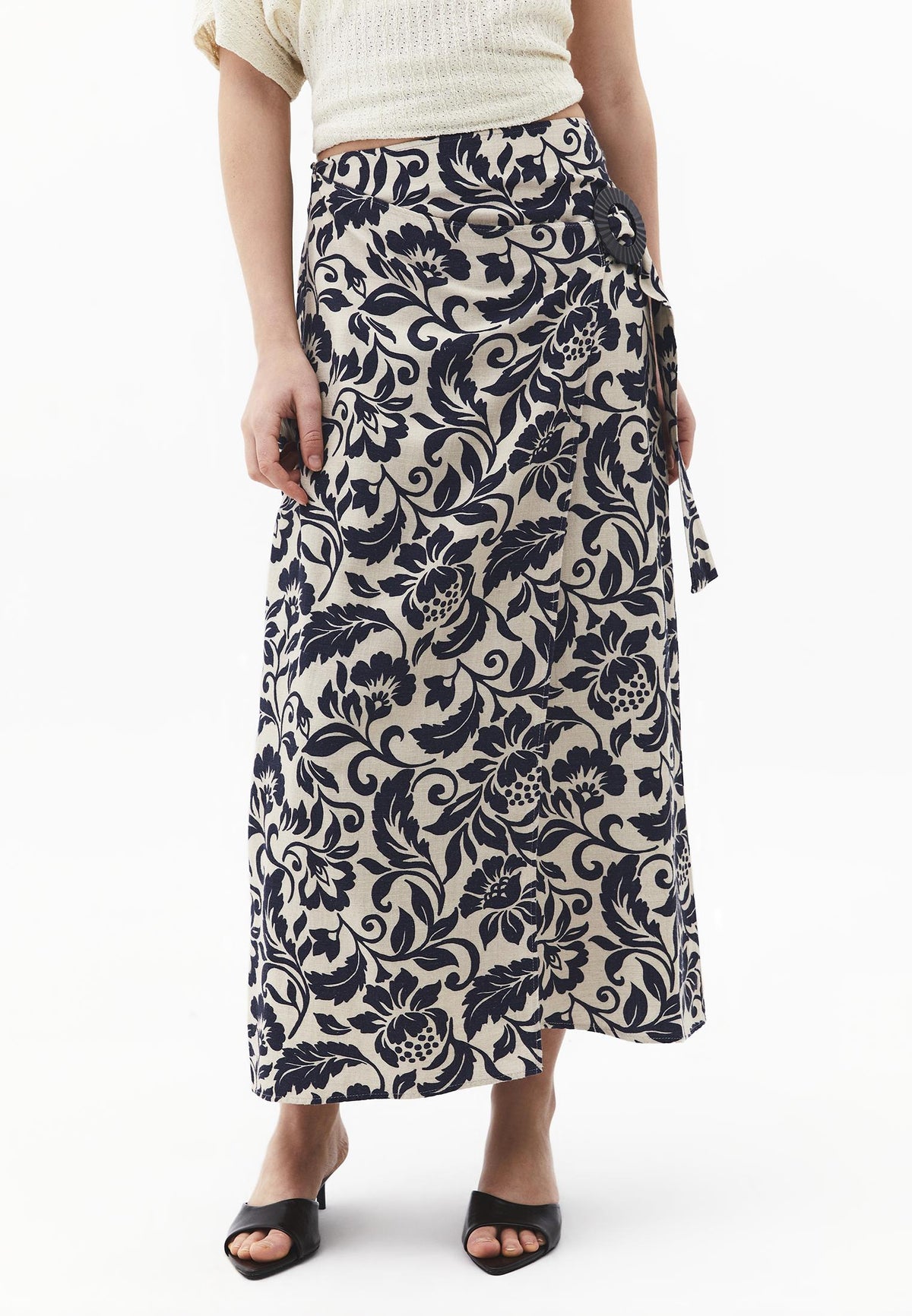 Long Belted Printed A-Line Skirt - LEAF COMB