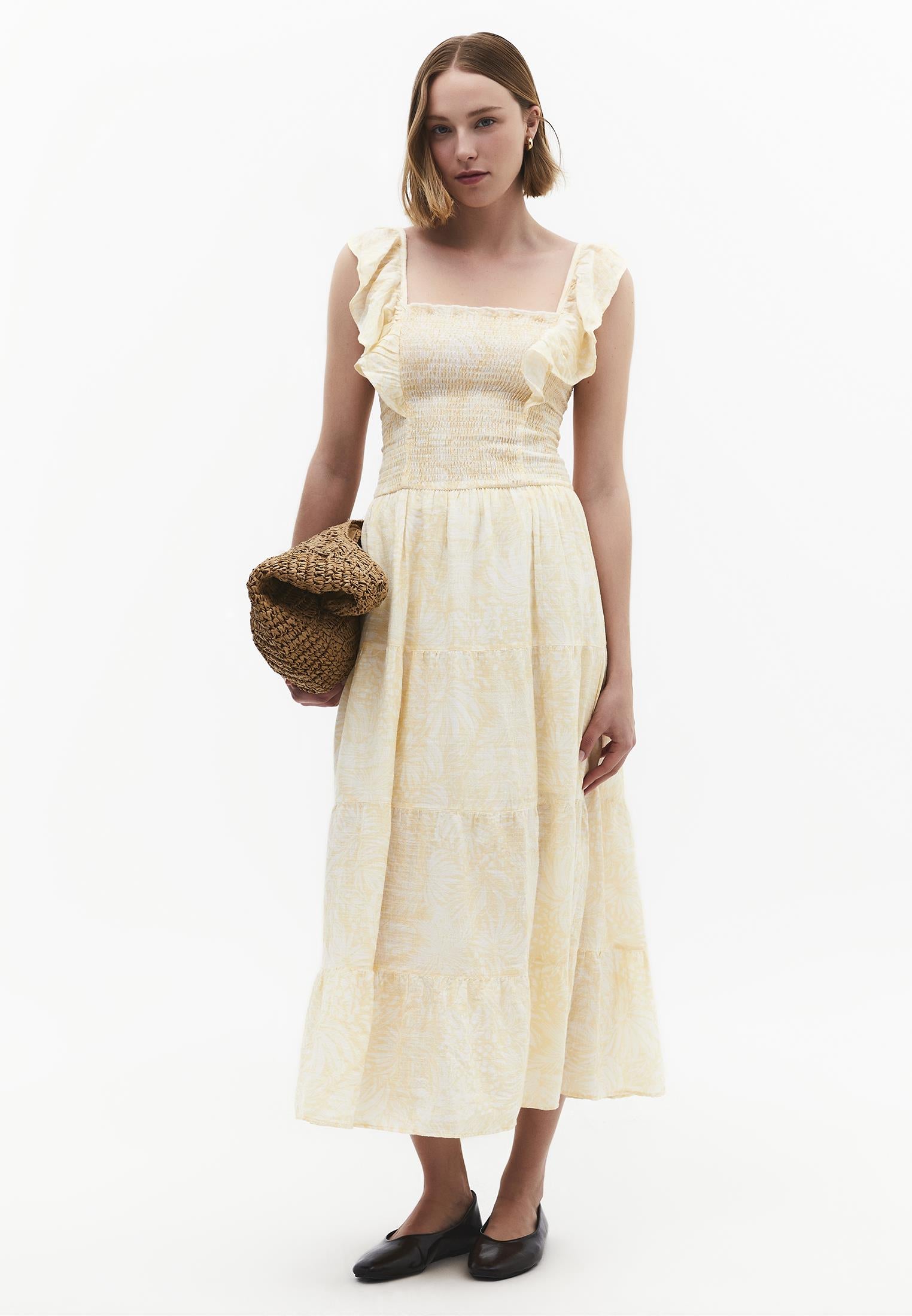 Long Dress With Butterfly Sleeves And Square Neckline - LEAVES COMB