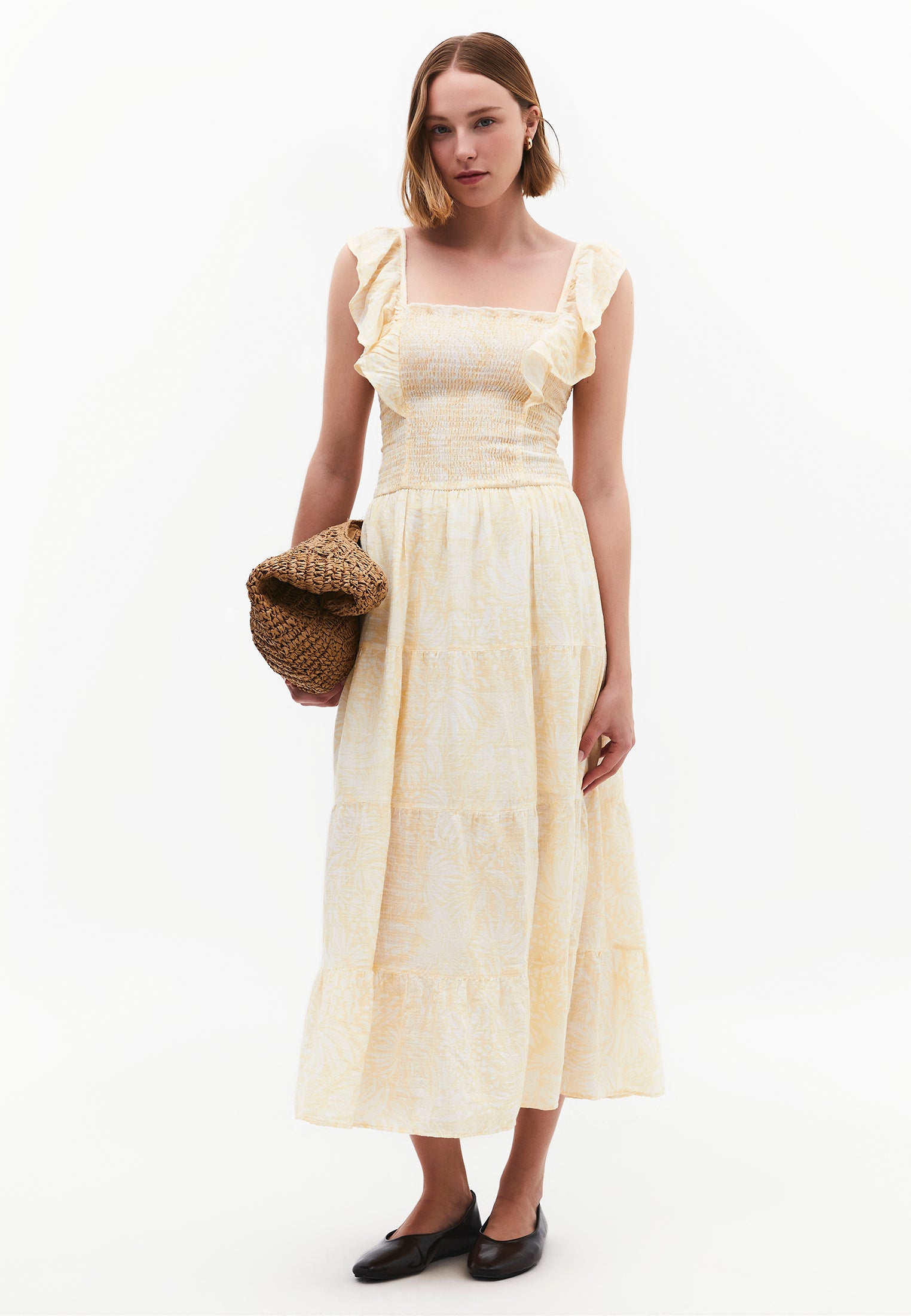 Long Dress With Butterfly Sleeves And Square Neckline - LEAVES COMB
