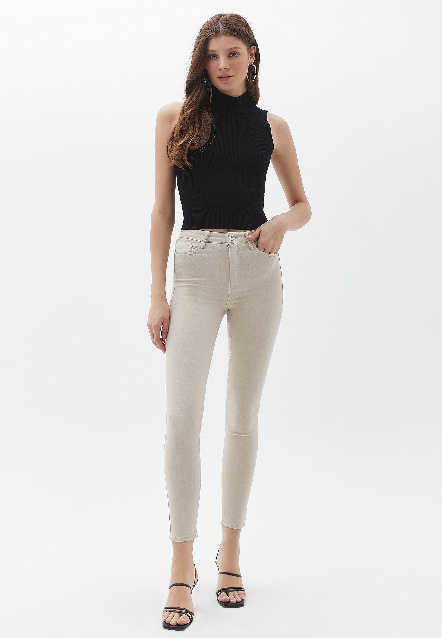 High waist skinny pants with modal content - LIGHT BEAN