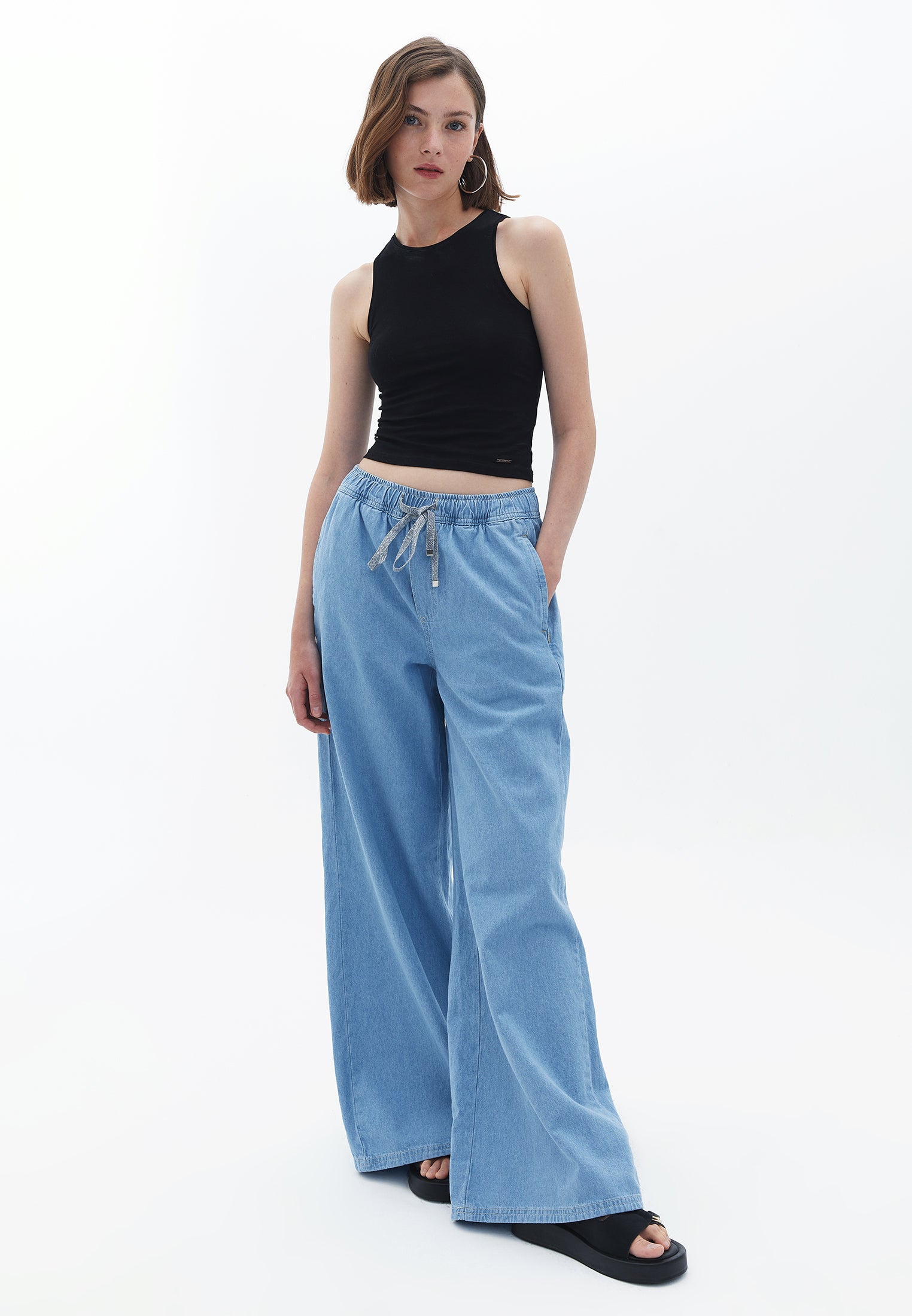 Cotton wide leg trousers - LIGHT DENIM