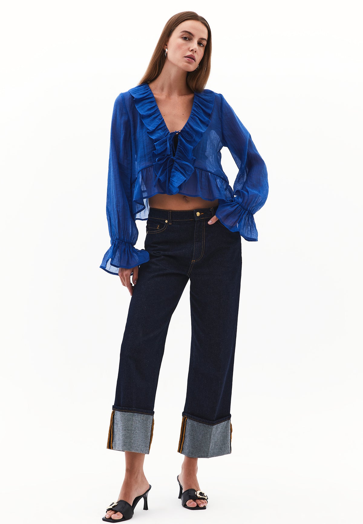 Long Sleeved Ruffled Blouse - Blue
