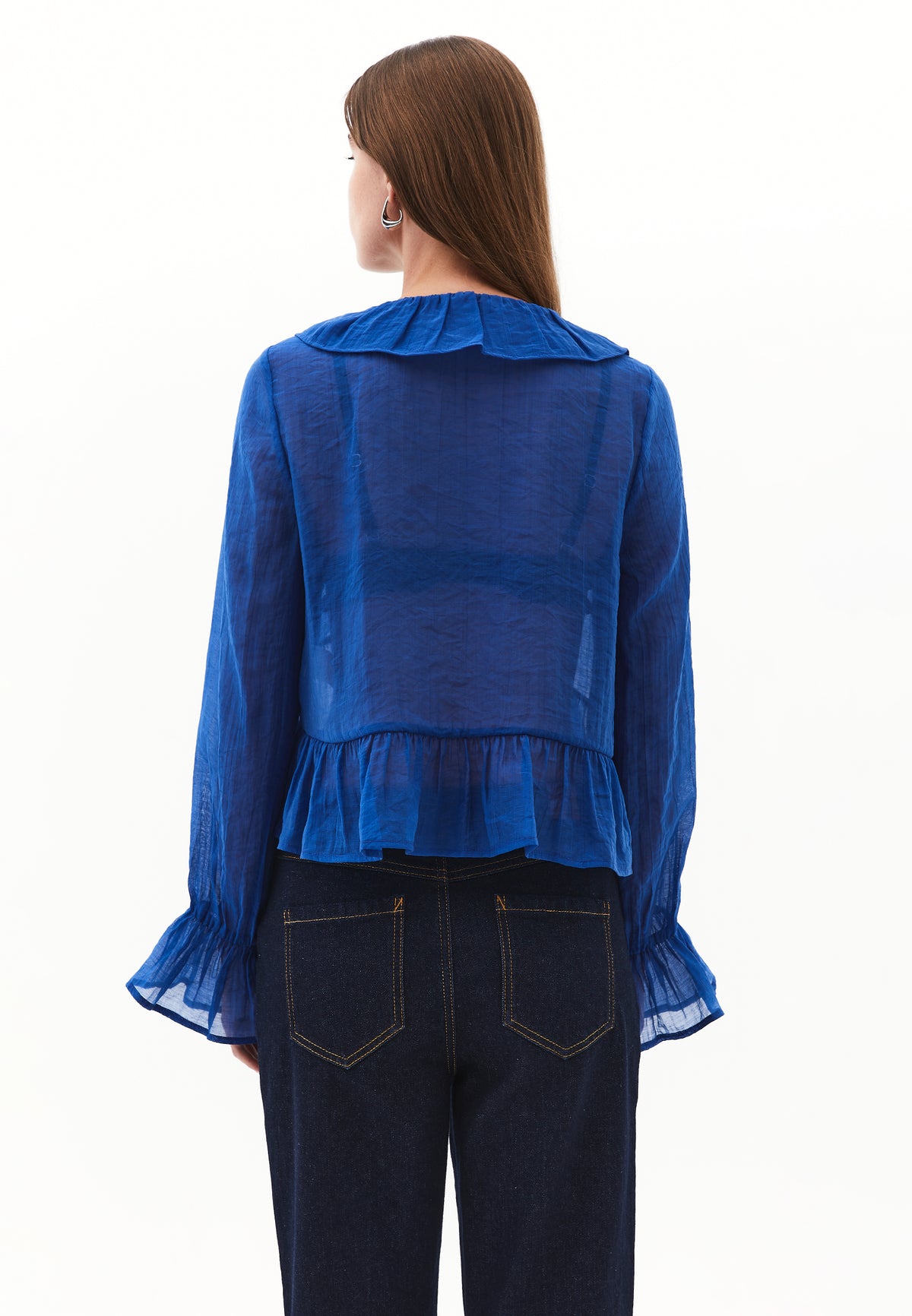 Long Sleeved Ruffled Blouse - Blue