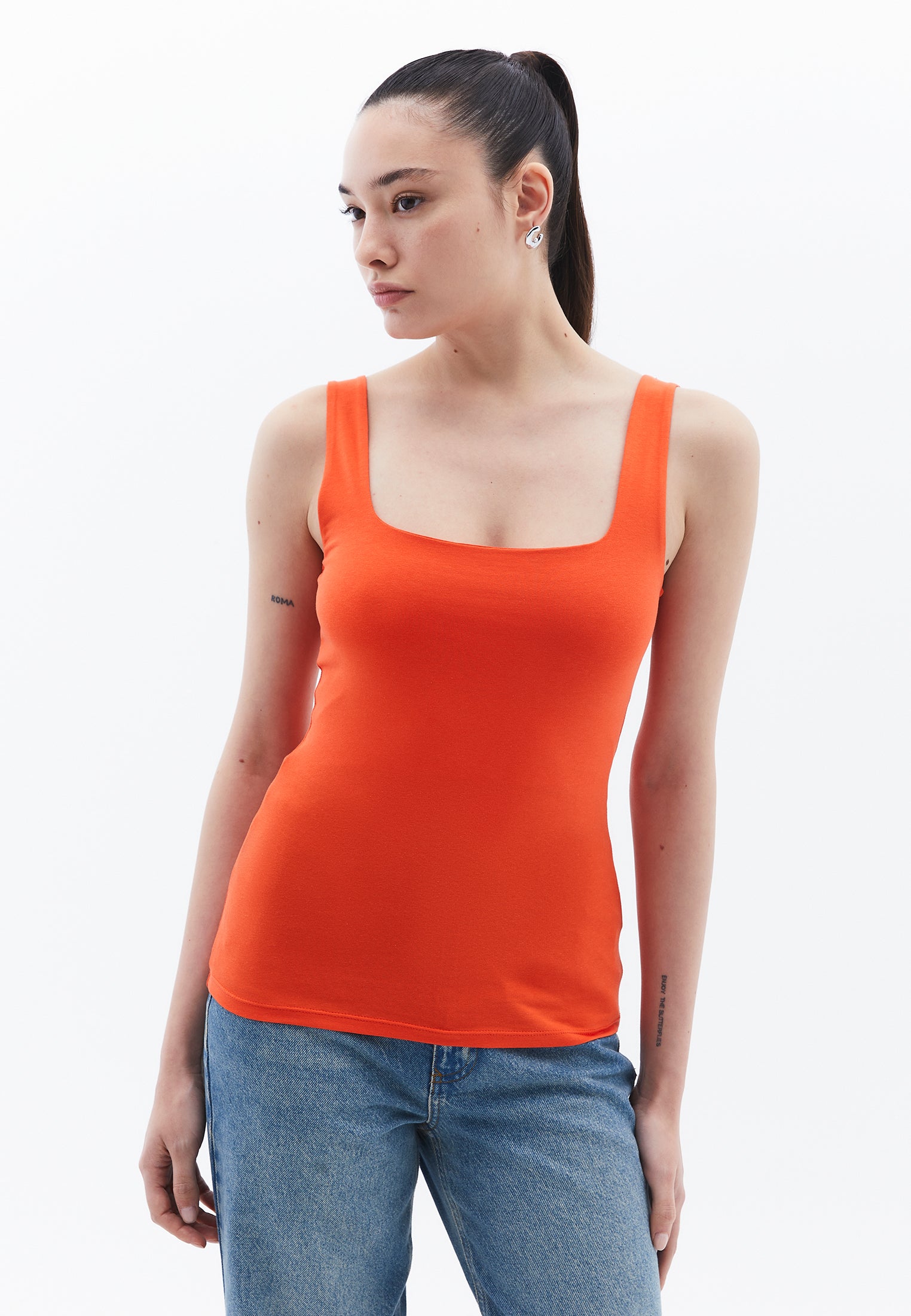 Square Neck Tank Top - MANDARIN RED