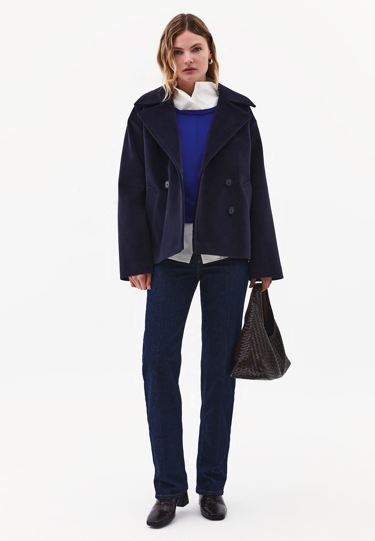 Double-Breasted Collar Button Detailed Coat - Navy Blue