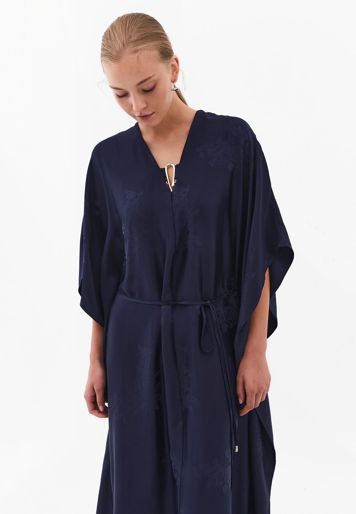 Long Dress with Batwing Sleeves and Buckle - MIDNIGHT