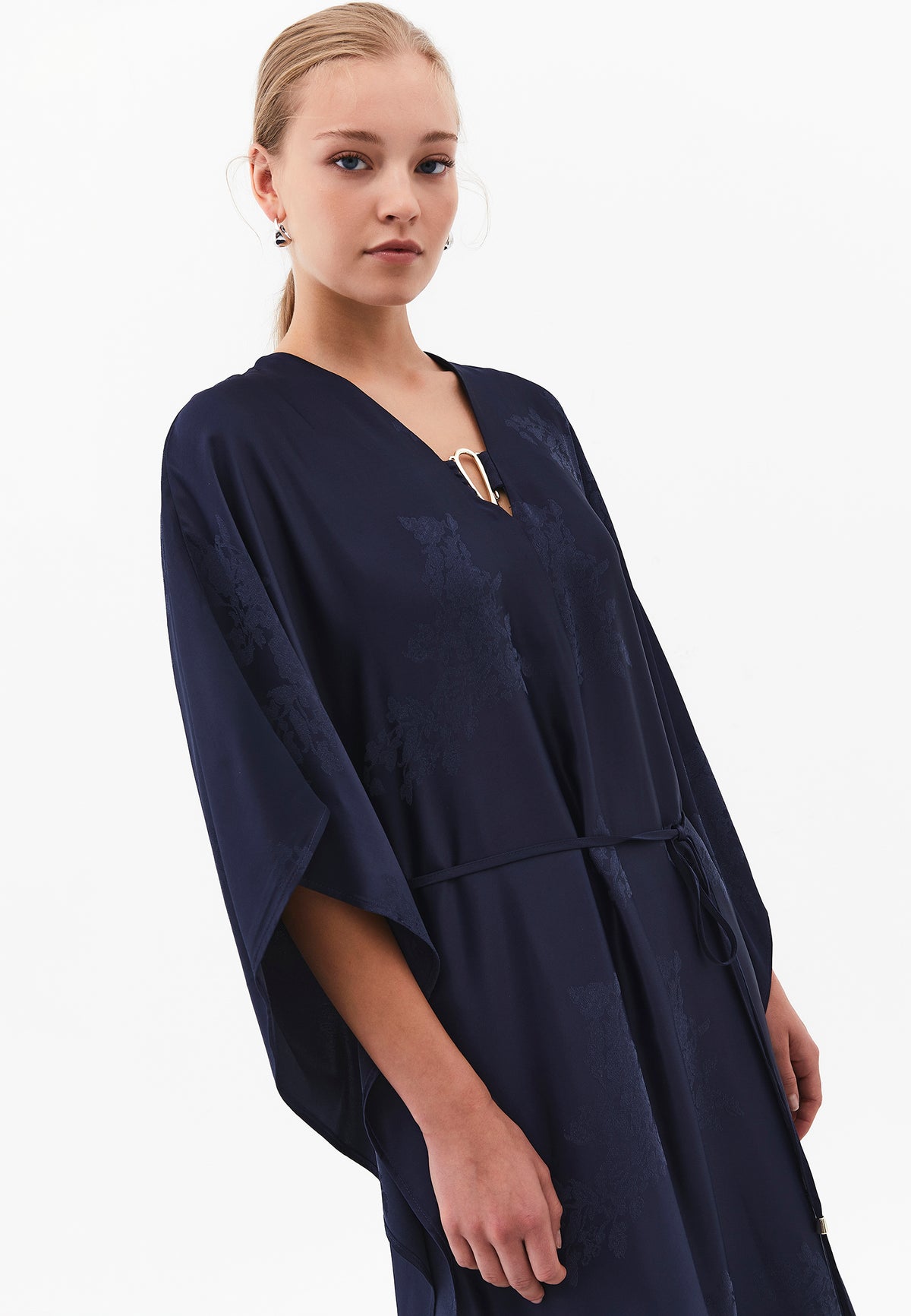 Long Dress with Batwing Sleeves and Buckle - MIDNIGHT