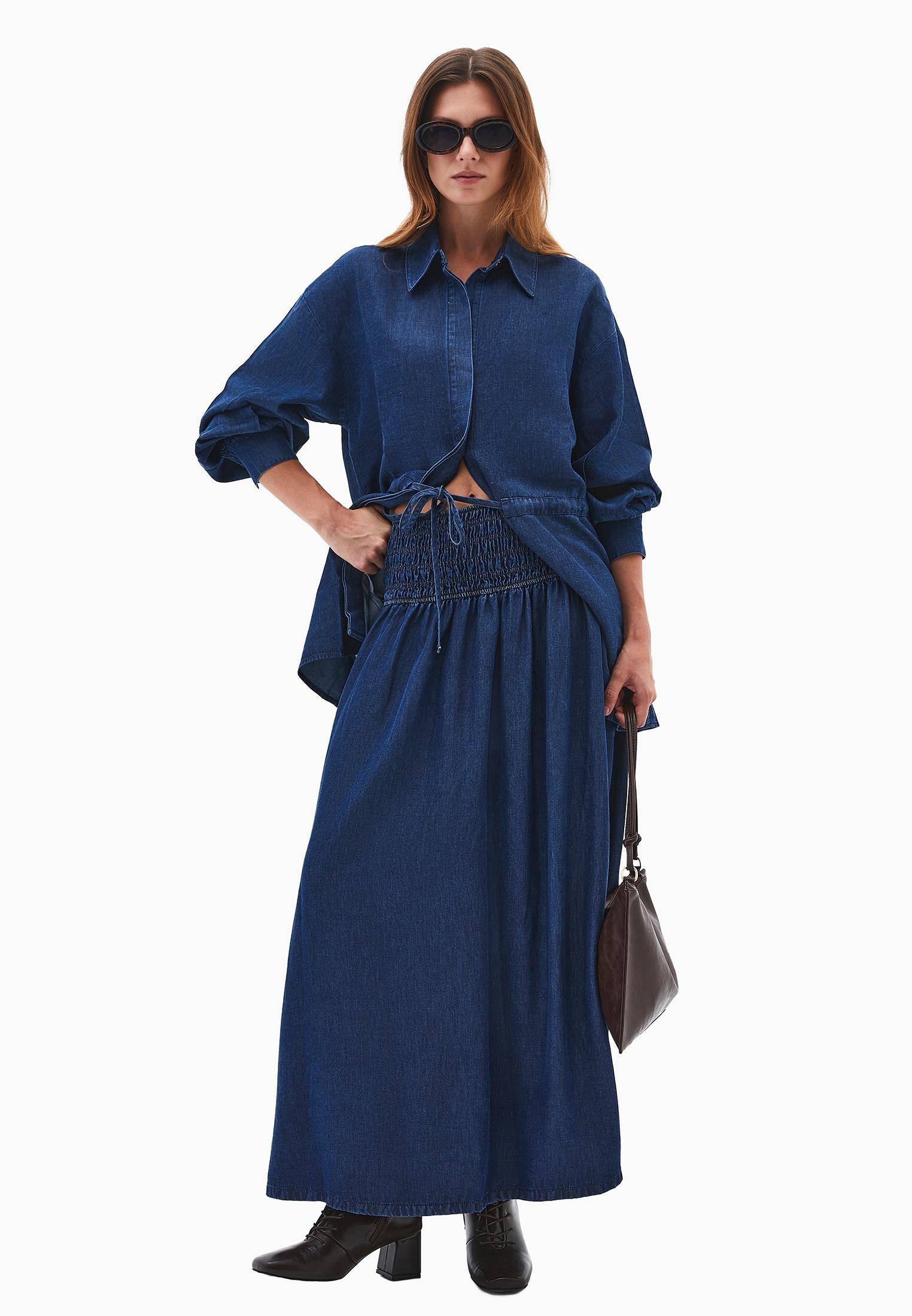 Long Denim Skirt With Gipe Details A-Line Form - MID BLUE DENIM